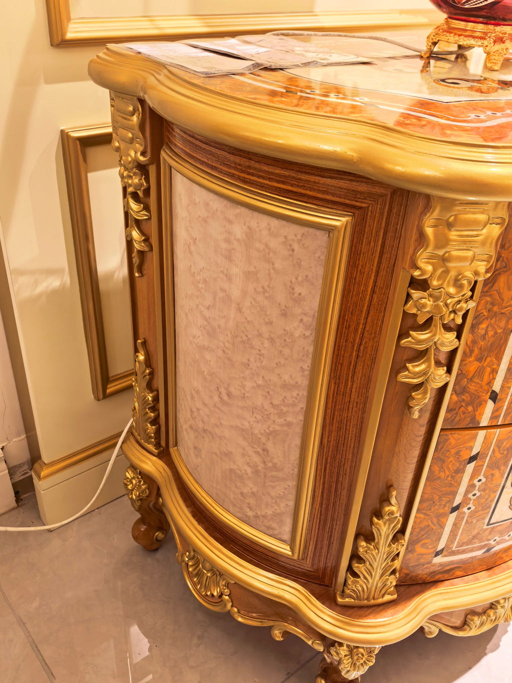 Colette French Imperial bedside table in bedroom setting with matching Imperial bed - GrandLiving Luxe