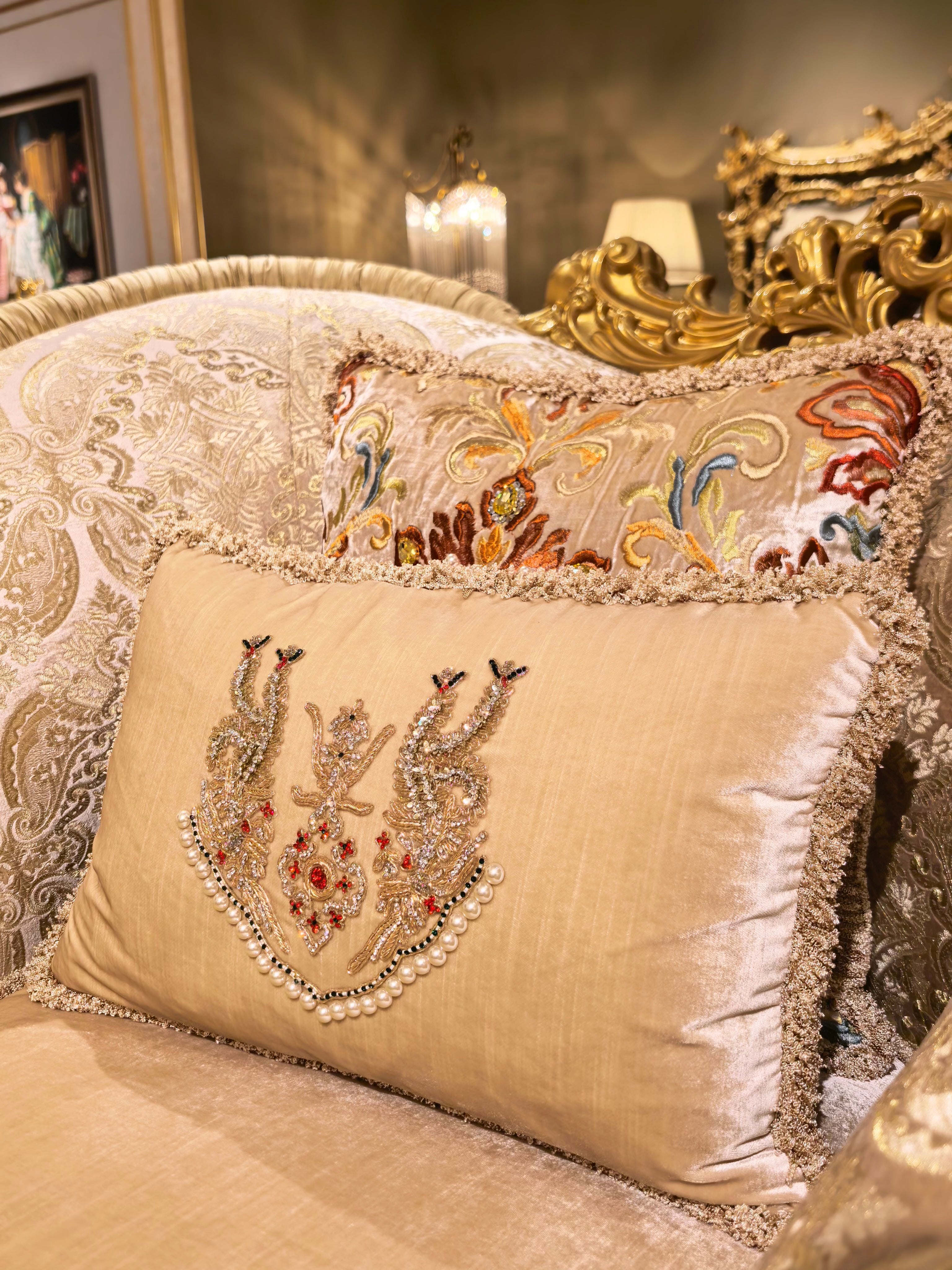 Beatrice French Imperial sofa armrest carving detail - GrandLiving Luxe