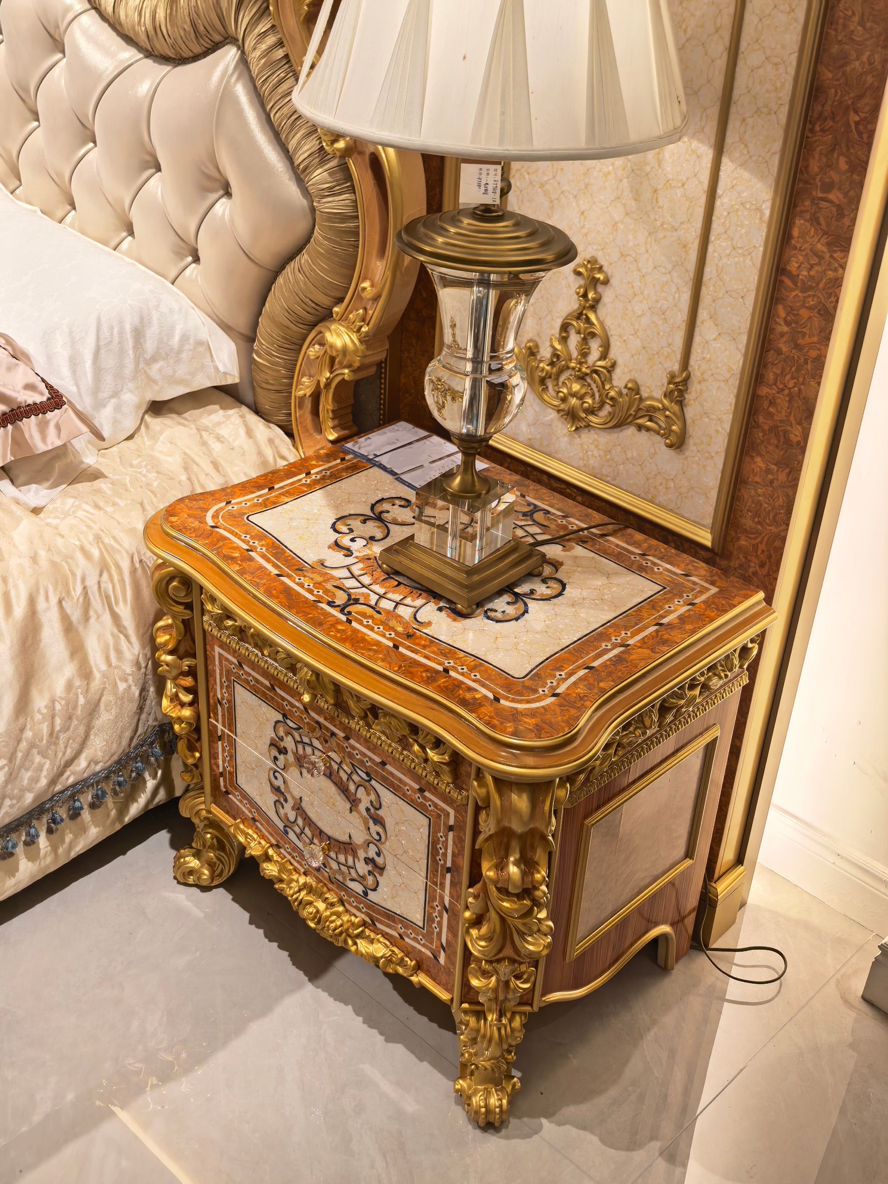Noelle French Imperial bedside table drawer detail, hand-carved gold gilt finish - GrandLiving Luxe