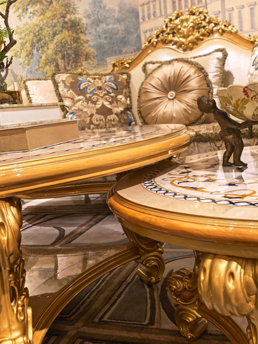 Antoinette French Imperial coffee table shell inlay close-up - GrandLiving Luxe