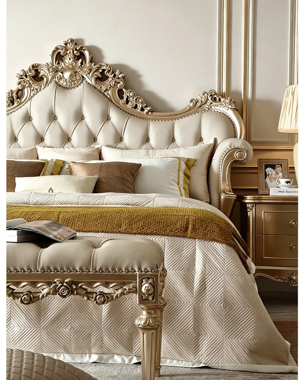 Amour French Provincial style luxury silver leaf tufted bed headboard detail - GrandLiving Luxe
