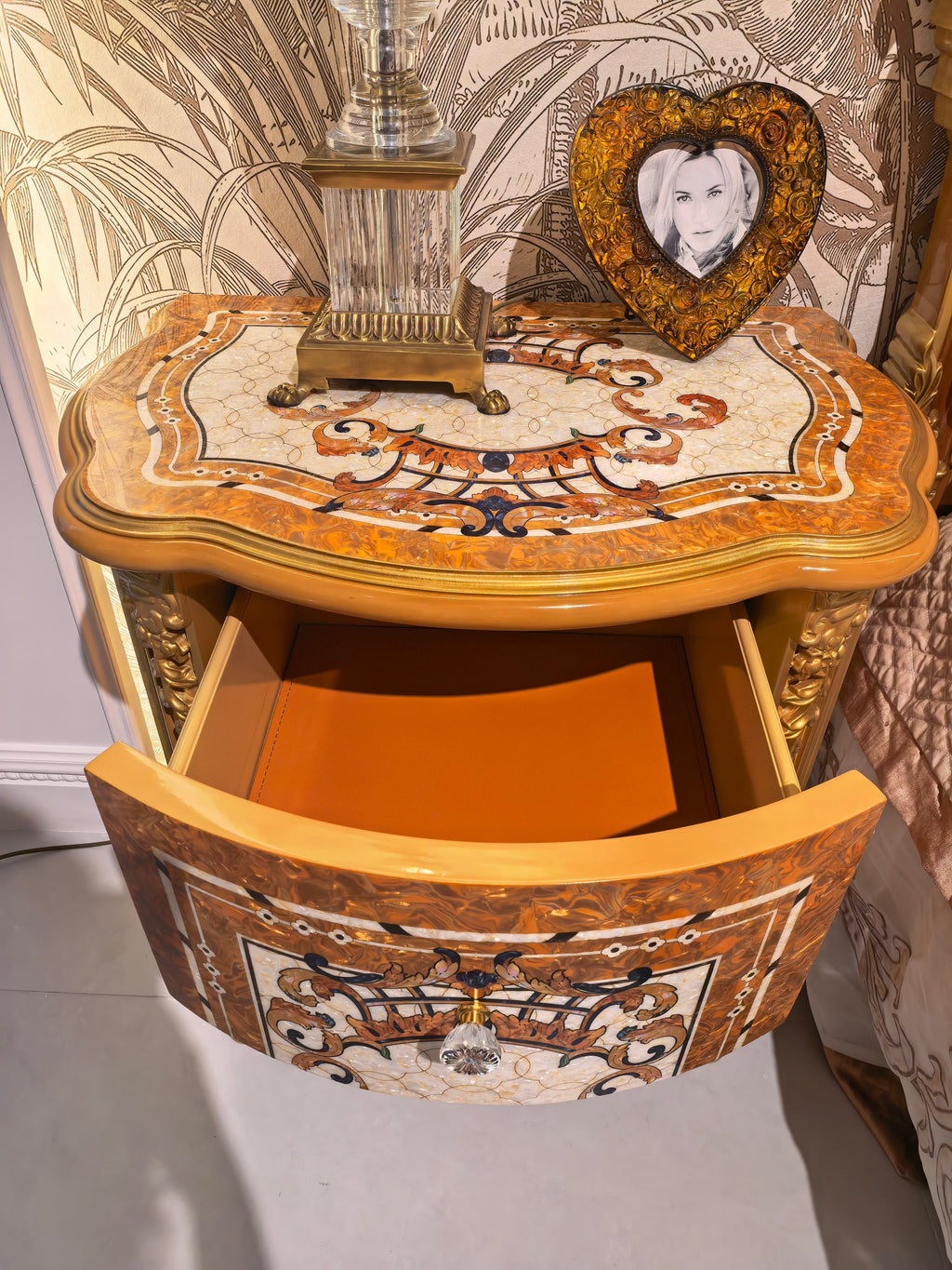 Colette French Imperial bedside table drawer front detail, mother-of-pearl and tech shell inlay - GrandLiving Luxe