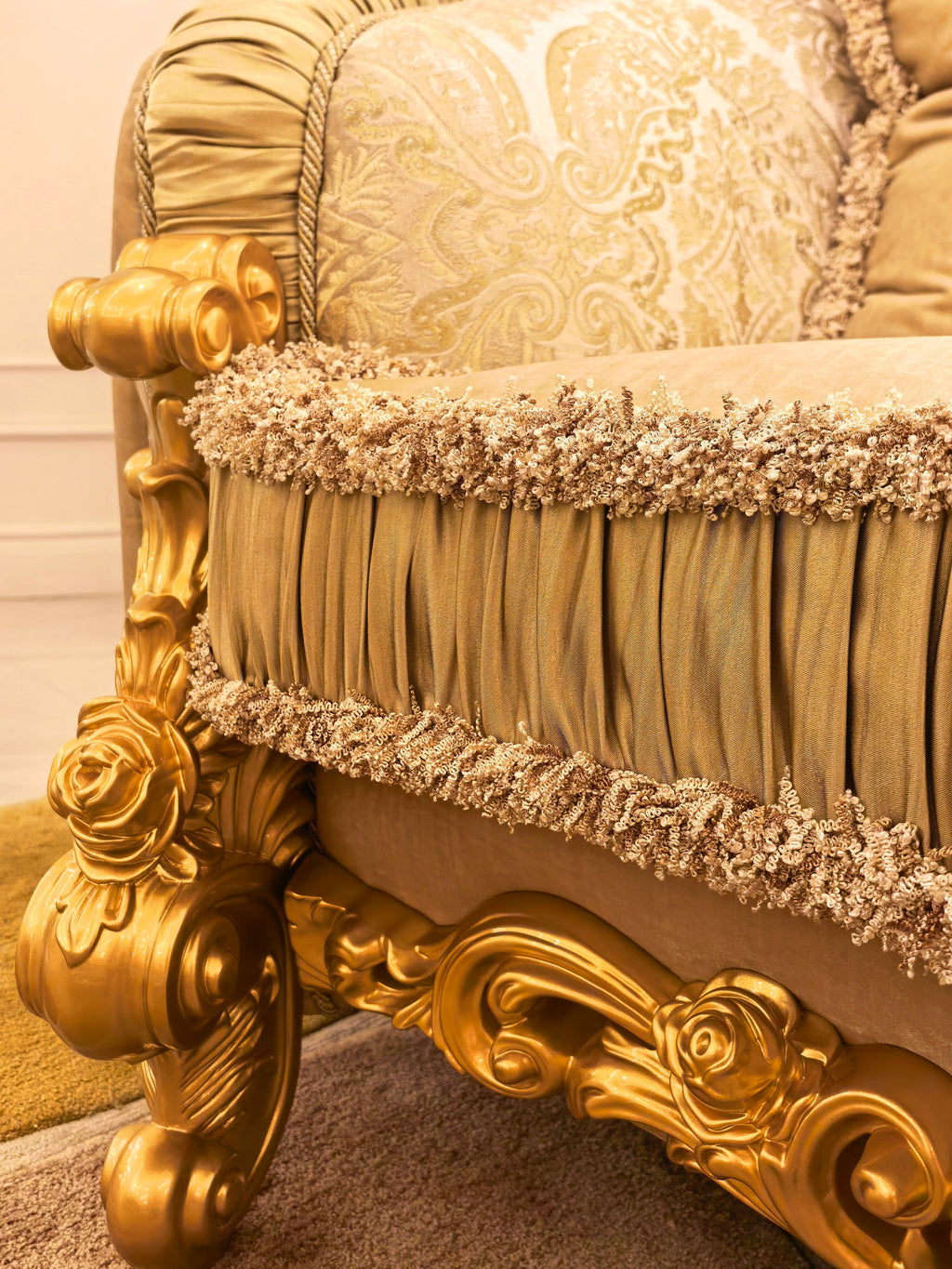 Beatrice French Imperial sofa gold gilt finish close-up - GrandLiving Luxe