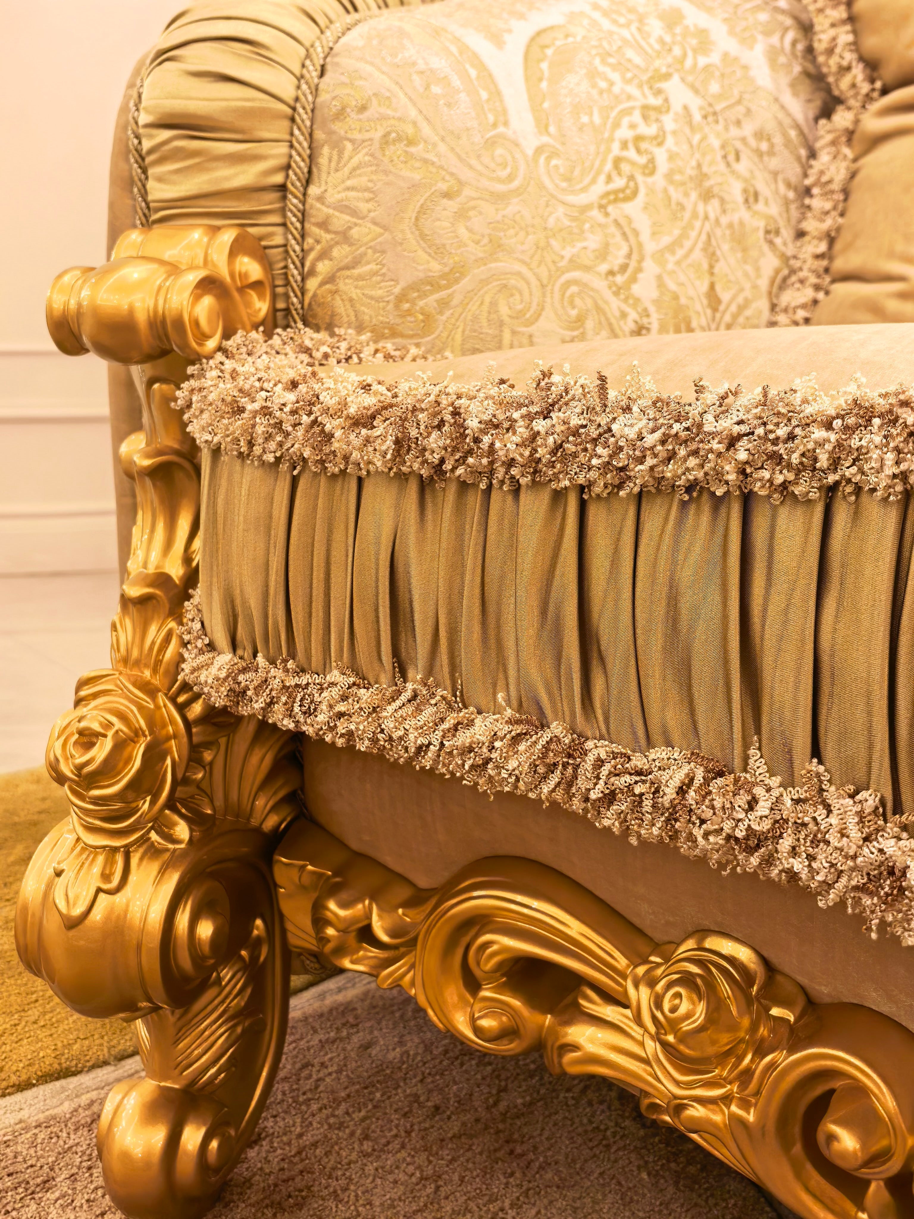 Beatrice French Imperial sofa gold gilt finish close-up - GrandLiving Luxe