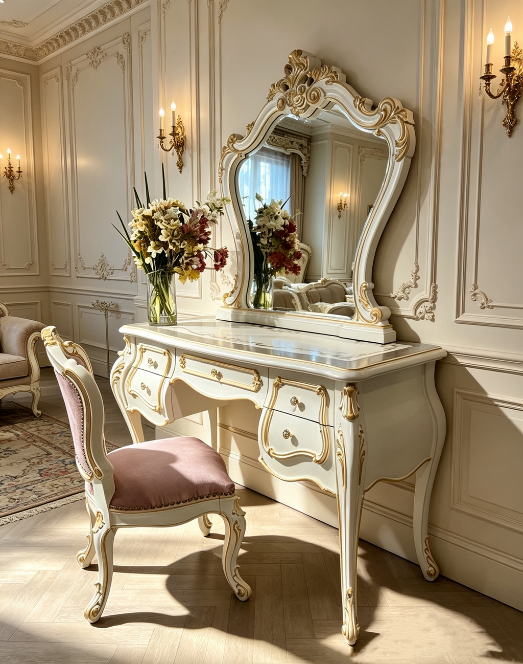 Amber Grace French Provincial Gold Leaf Solid Wood Handcrafted Dressing Table & Stool | GrandLiving Luxe 6