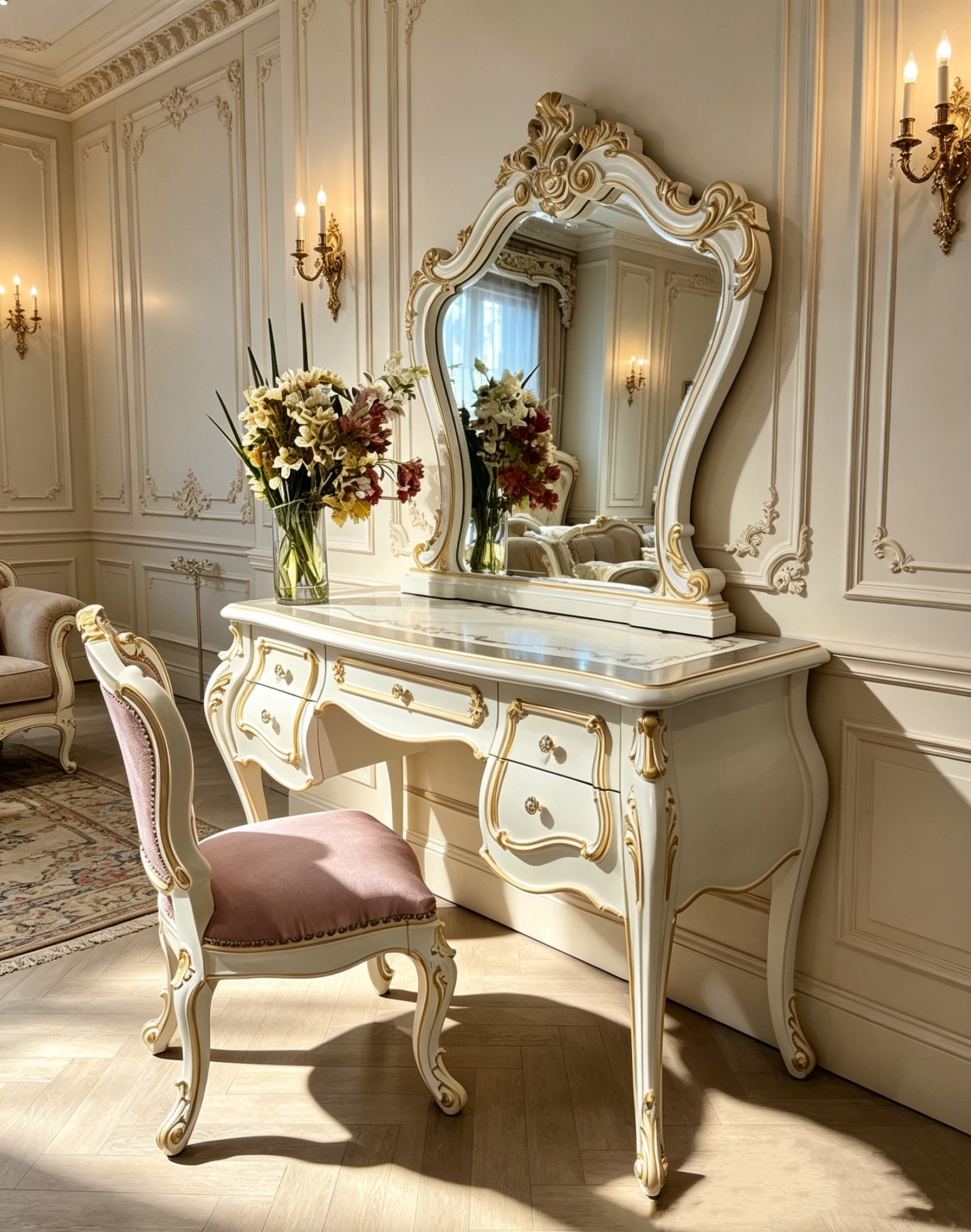 Amber Grace French Provincial Gold Leaf Solid Wood Handcrafted Dressing Table & Stool | GrandLiving Luxe 6