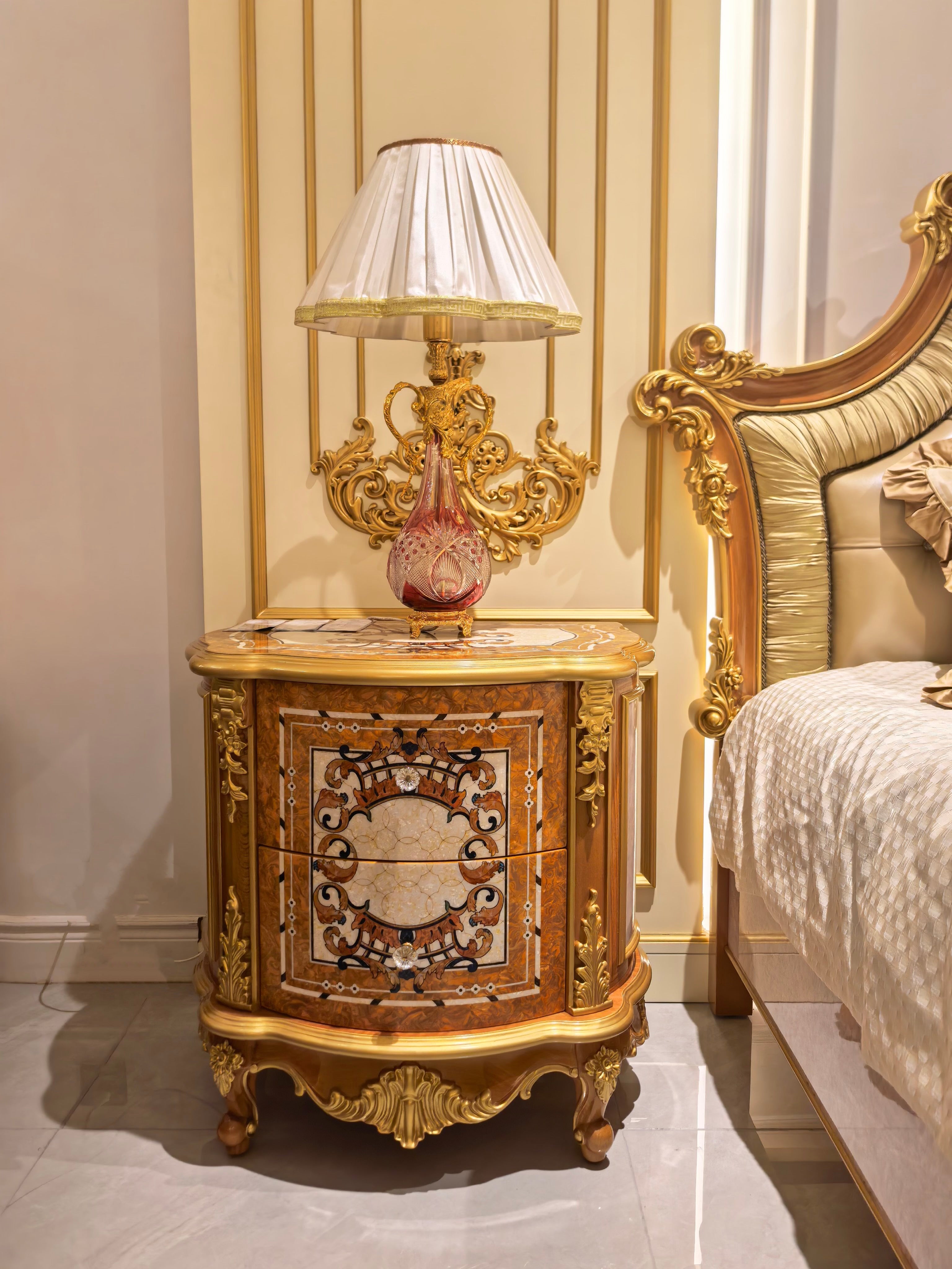 Colette French Imperial bedside table, hand-carved European beechwood with traditional gold gilt finish - GrandLiving Luxe
