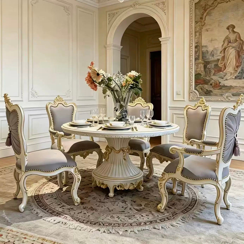 Luna White French Dining Table with hand-carved details and gold leaf accents | GrandLiving Luxe 