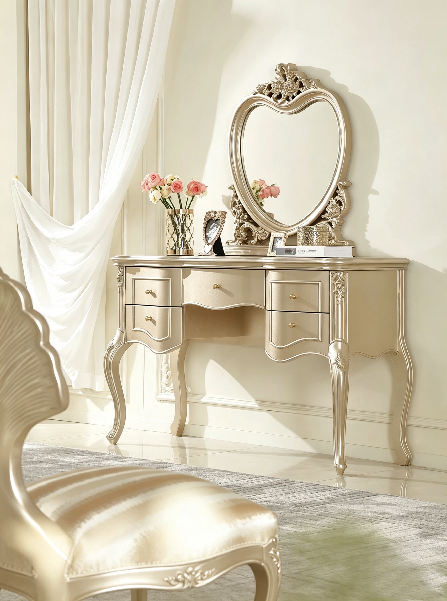 Amour French Provincial Silver Leaf Dressing Table with Mirror| GradLiving Luxe 6