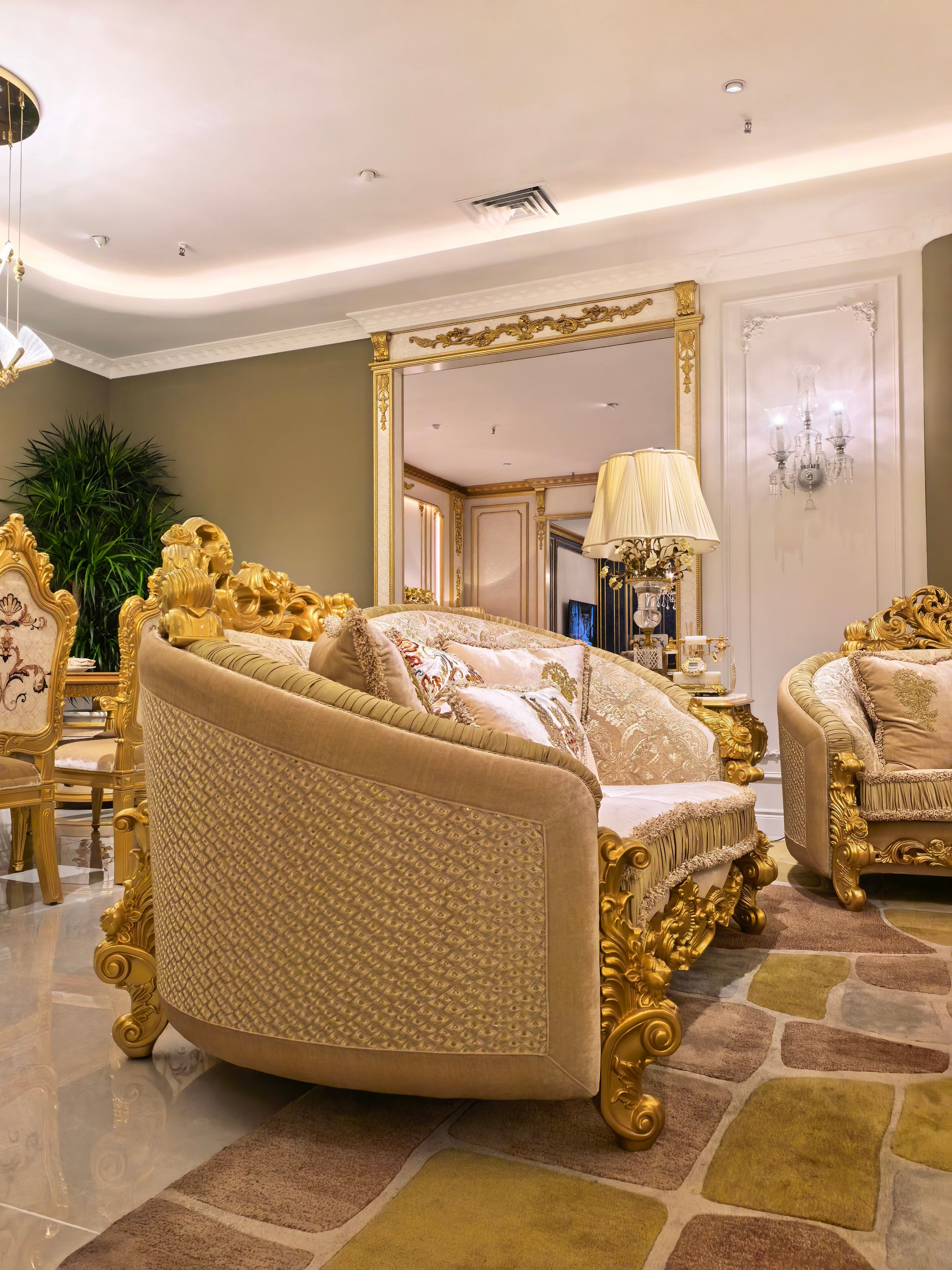 Beatrice French Imperial sofa gold gilt leg detail - GrandLiving Luxe