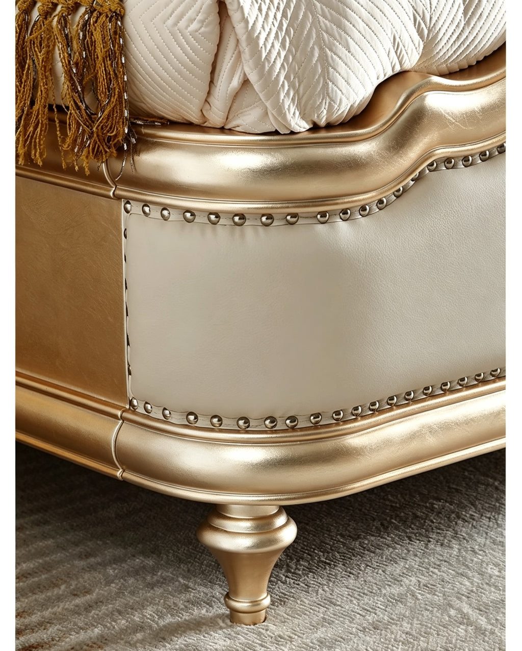Ornate French Provincial style luxury tufted bed in gold bedroom - GrandLiving Luxe
