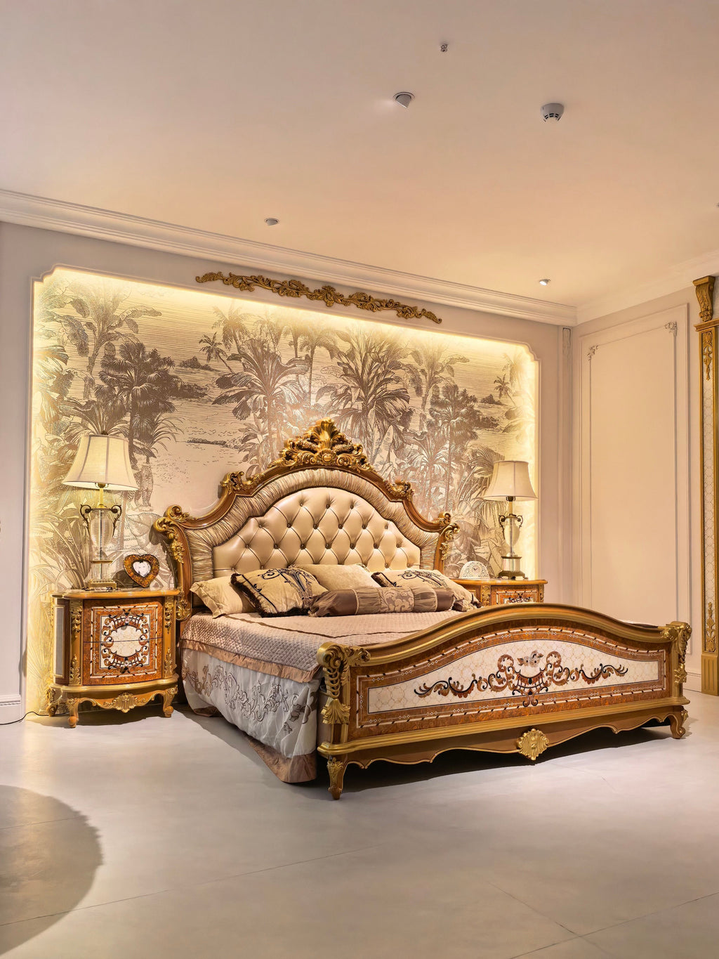 Colette French Imperial bedside table lifestyle setting with matching bed - GrandLiving Luxe