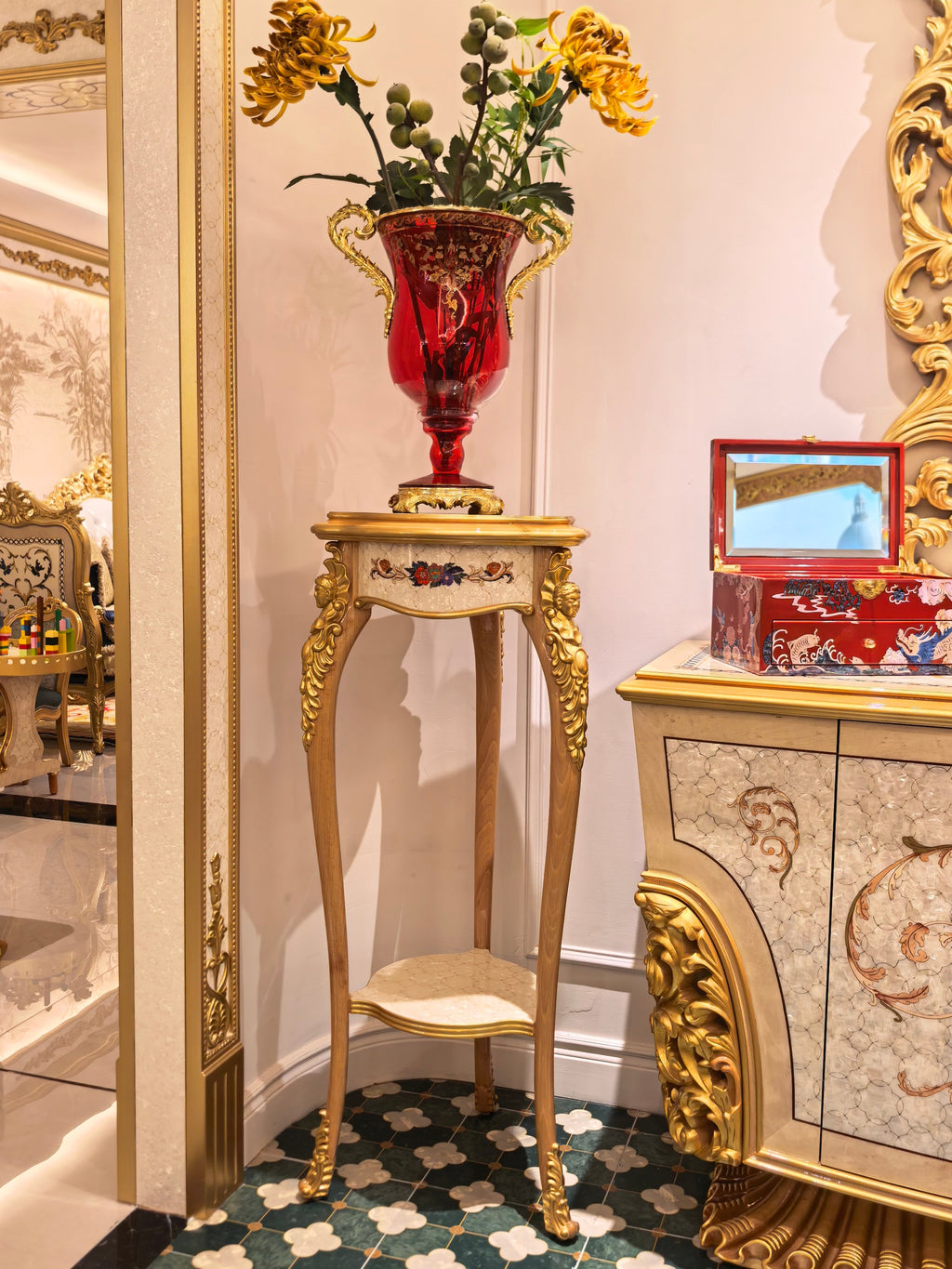 Estelle French Imperial plant stand, hand-carved European beechwood with traditional gold gilt finish - GrandLiving Luxe