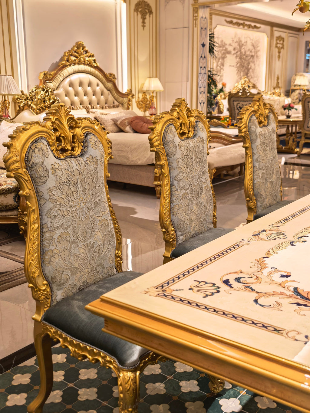 Solange French Imperial dining chair with matching dining table detail - GrandLiving Luxe