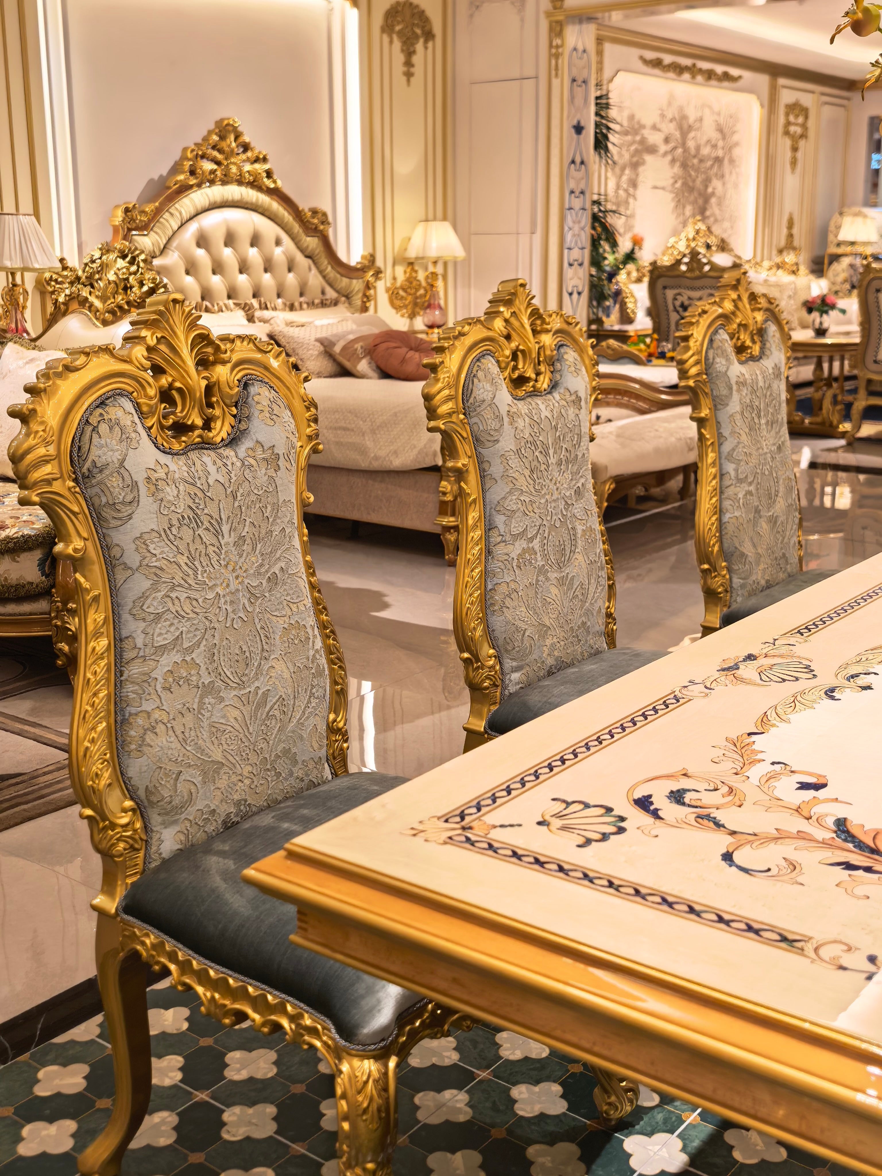 Solange French Imperial dining chair with matching dining table detail - GrandLiving Luxe