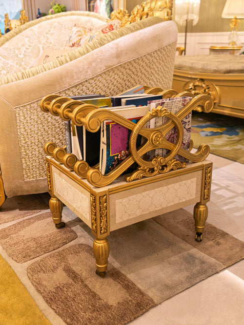 Giselle French Imperial magazine holder, hand-carved European beechwood with traditional gold gilt finish - GrandLiving Luxe