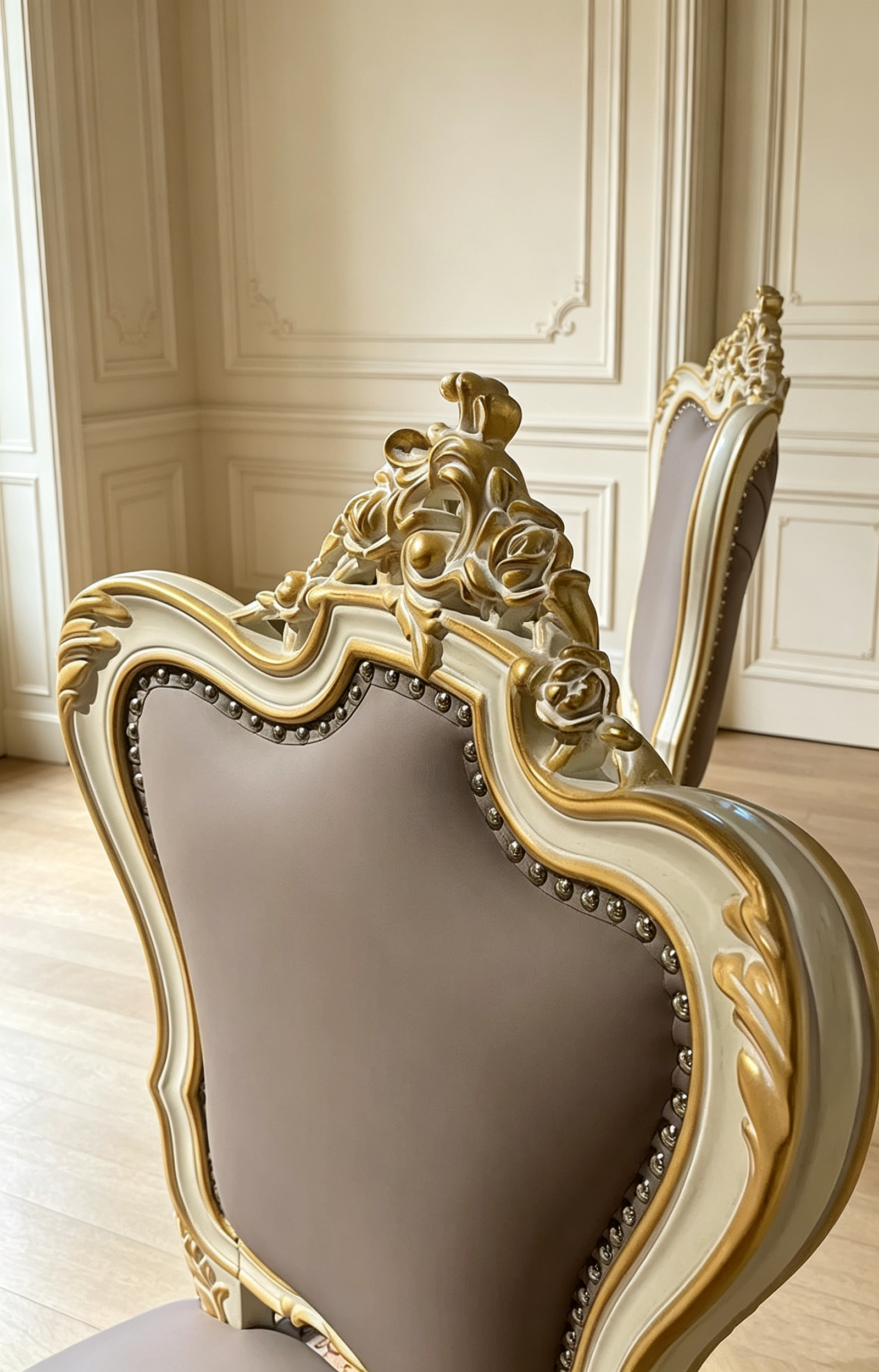 French Provincial Dining Chair with imported genuine leather and hand-carved gold leaf details | GrandLiving Luxe 8