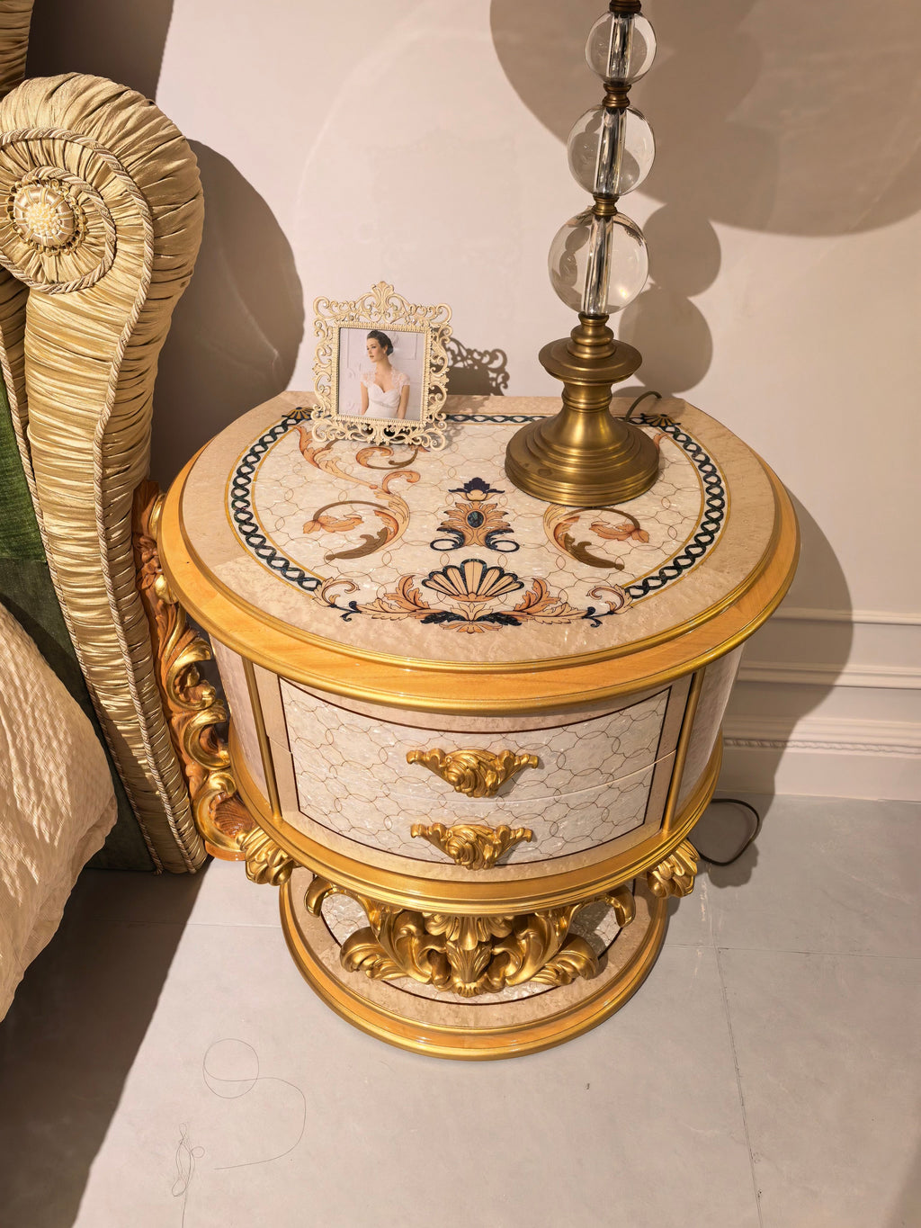 Marguerite French Imperial bedside table drawer detail, hand-carved gold gilt finish - GrandLiving Luxe