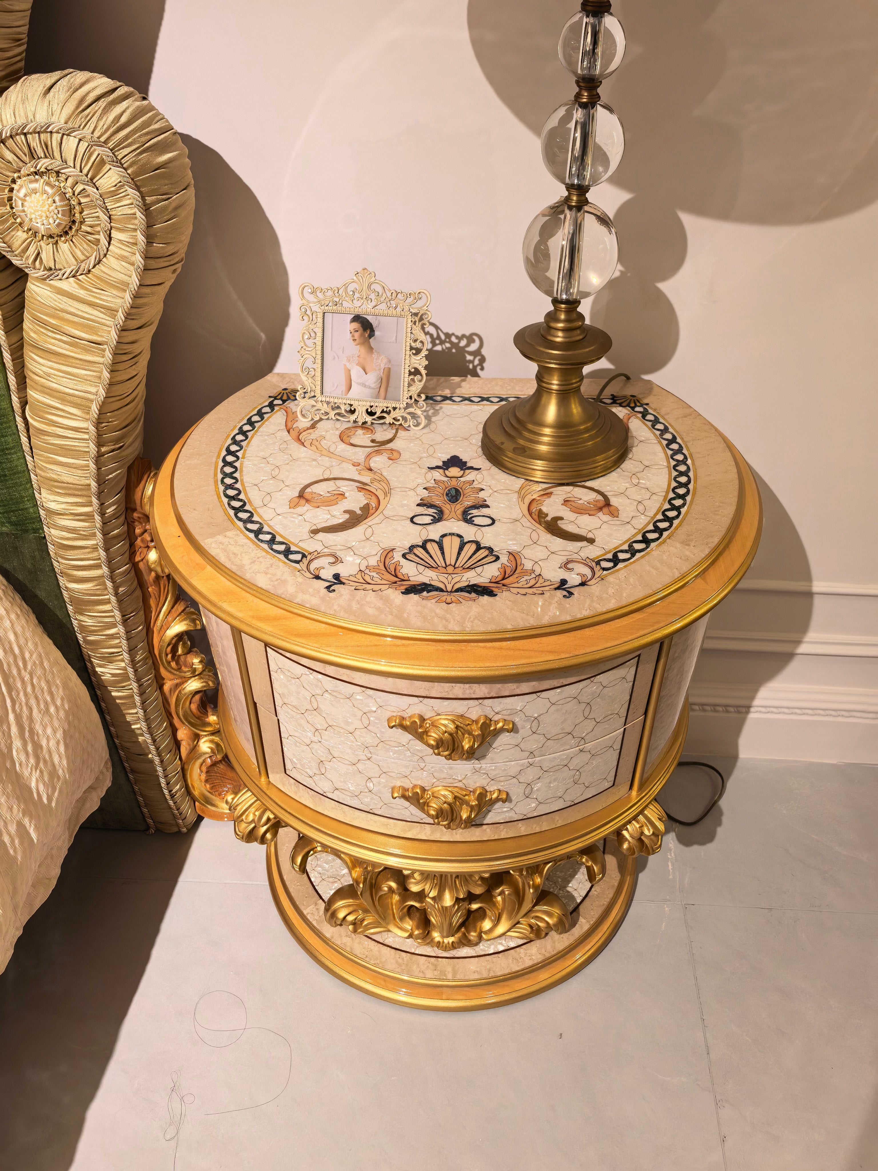 Marguerite French Imperial bedside table drawer detail, hand-carved gold gilt finish - GrandLiving Luxe