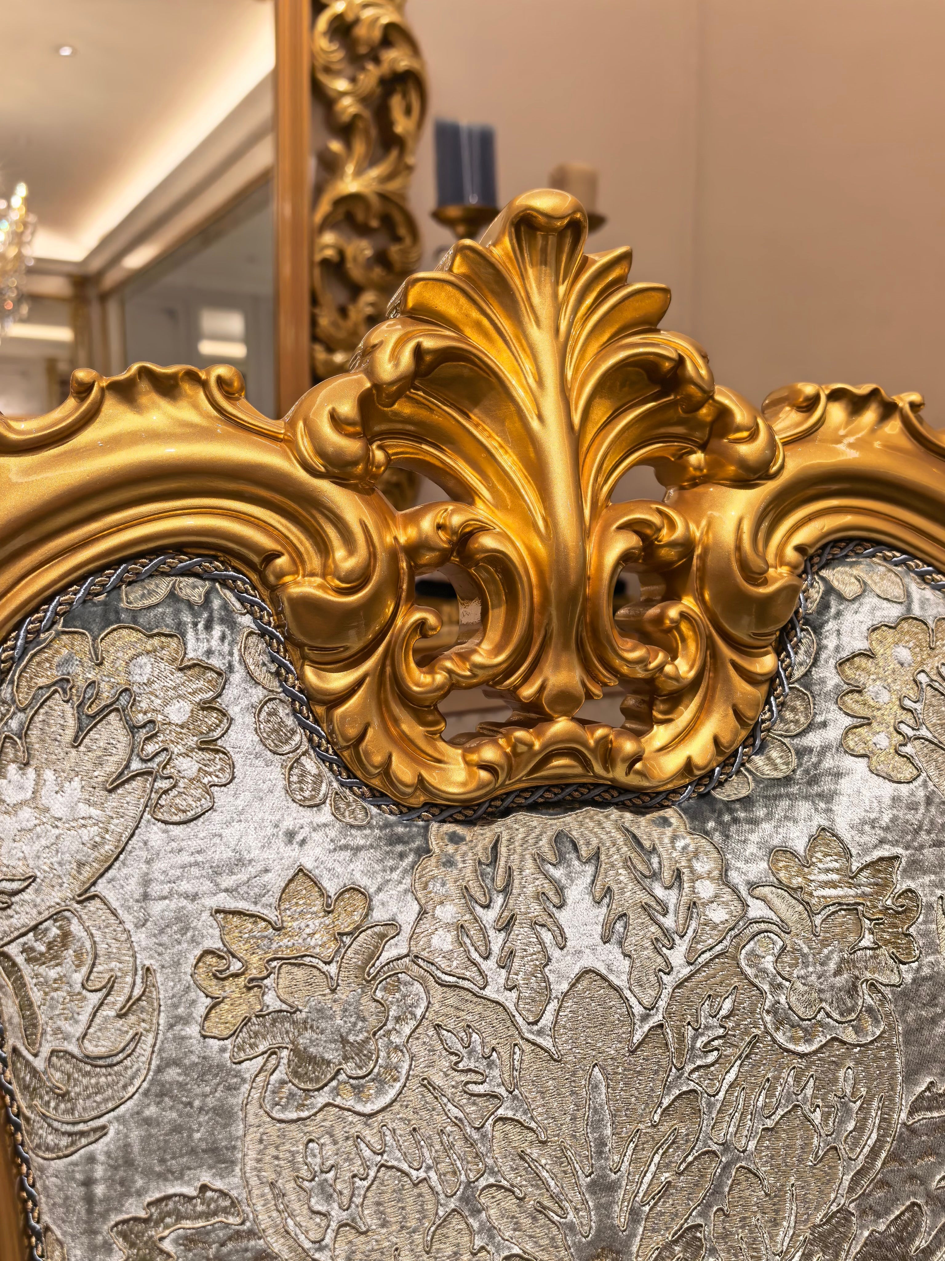 Solange French Imperial dining chair backrest detail, hand-carved gold gilt finish - GrandLiving Luxe