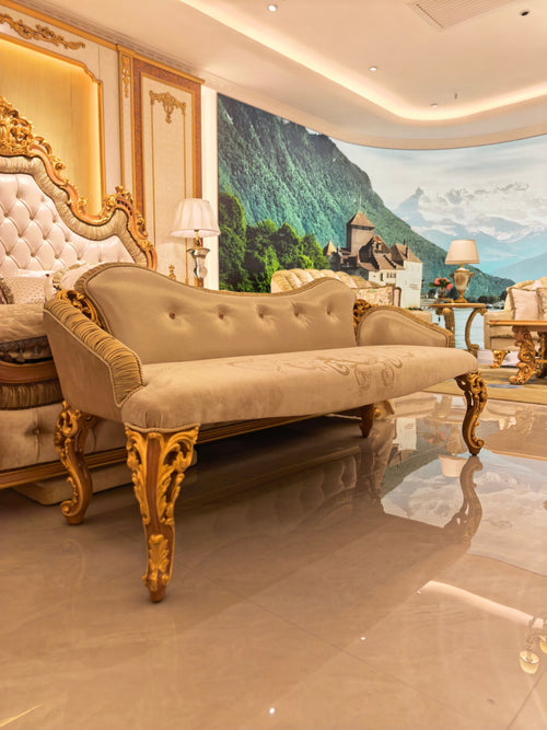Pauline French Imperial ottoman, hand-carved European beechwood with traditional gold gilt finish - GrandLiving Luxe