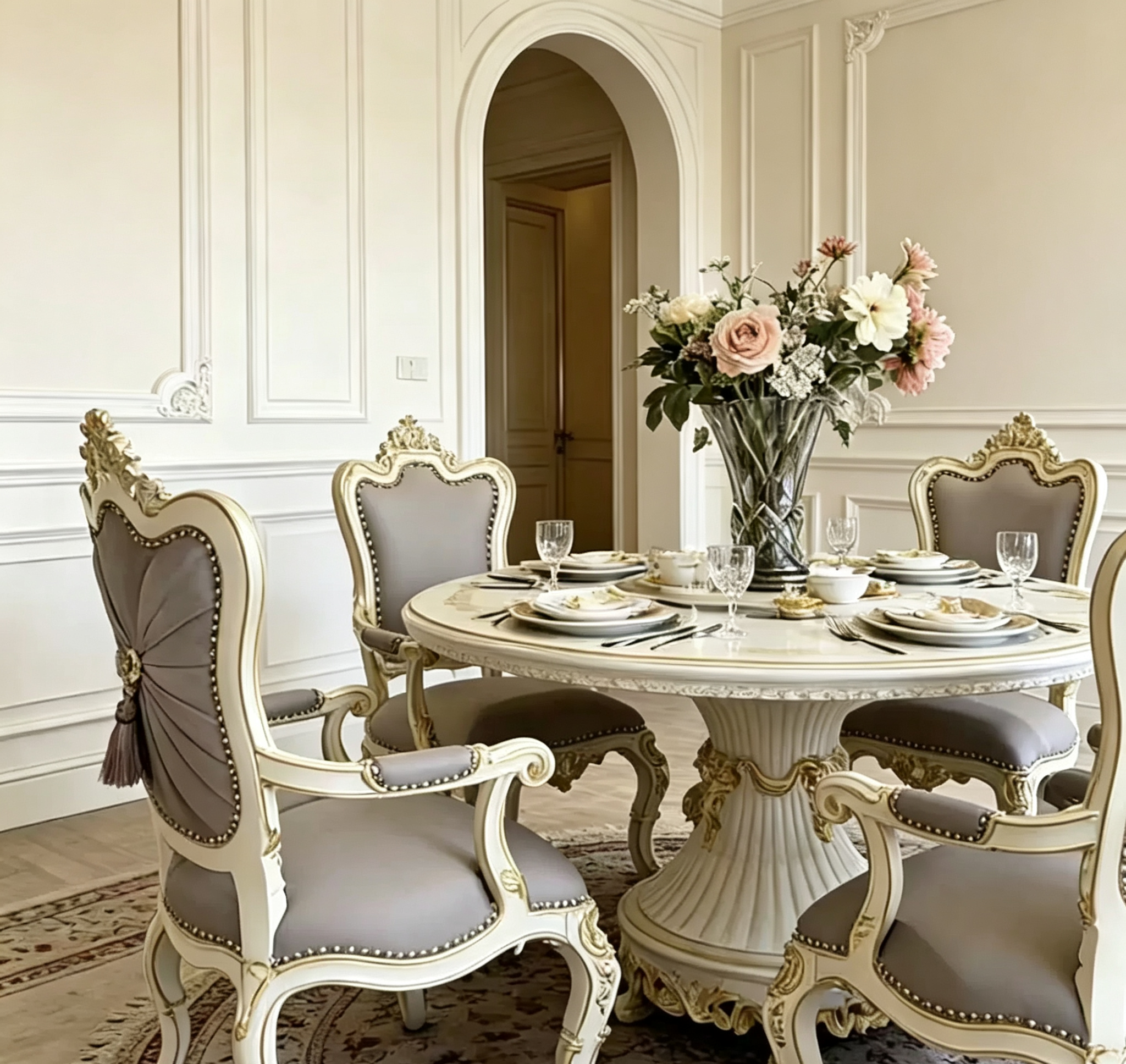 Luna White French Dining Table with hand-carved details and gold leaf accents | GrandLiving Luxe 7