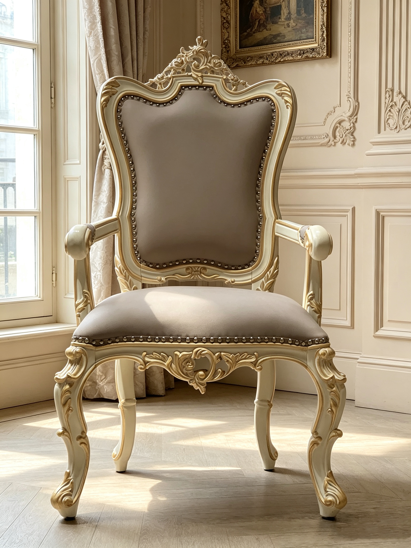 French Provincial Dining Chair with imported genuine leather and hand-carved gold leaf details | GrandLiving Luxe 