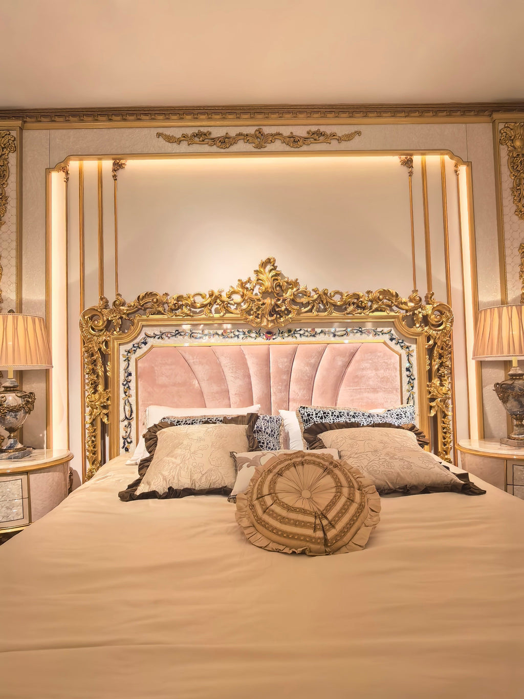 Odette French Imperial bed headboard detail, hand-carved gold gilt curves - GrandLiving Luxe