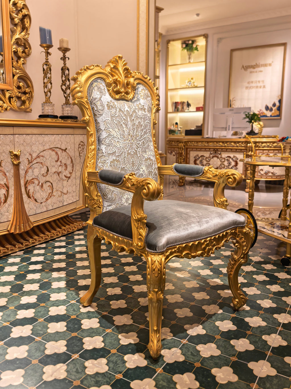 Solange French Imperial dining chair styled at matching Imperial dining table - GrandLiving Luxe
