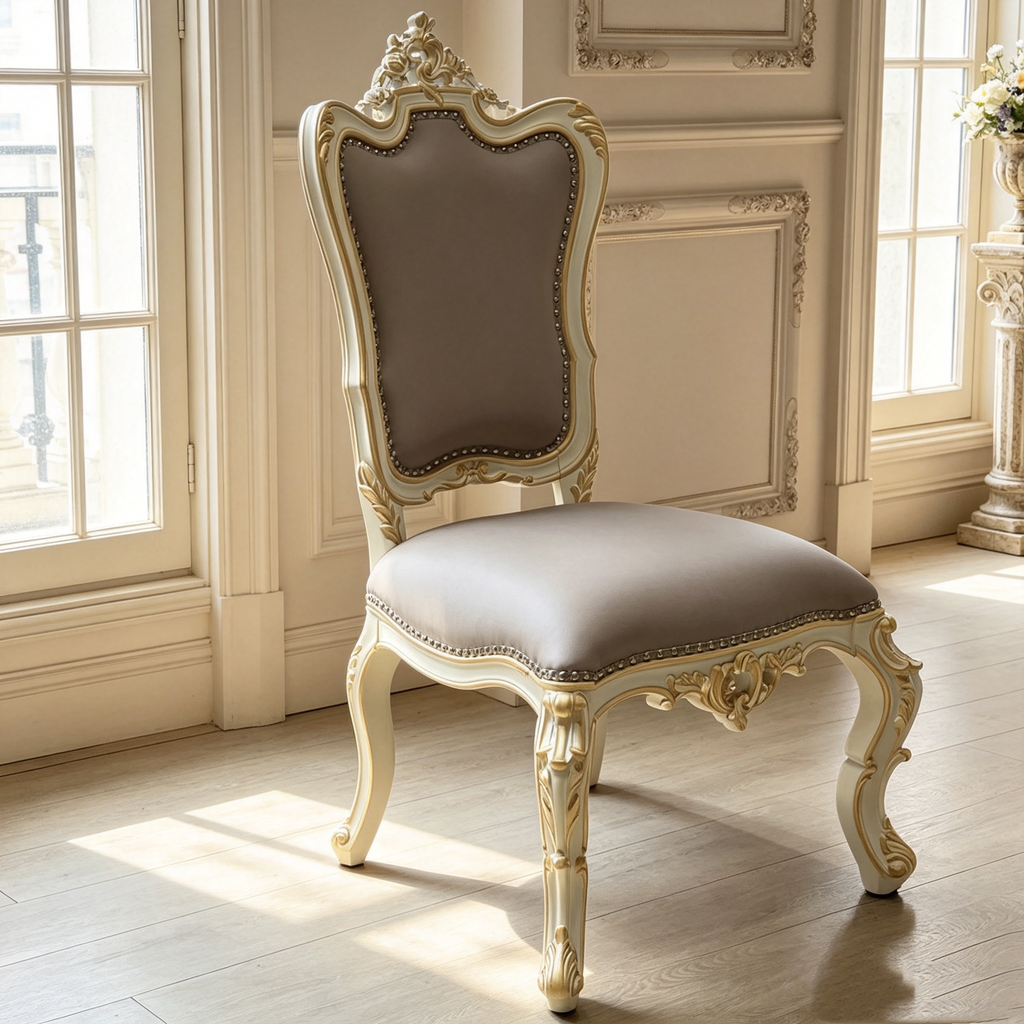 French Provincial Dining Chair with imported genuine leather and hand-carved gold leaf details | GrandLiving Luxe 9