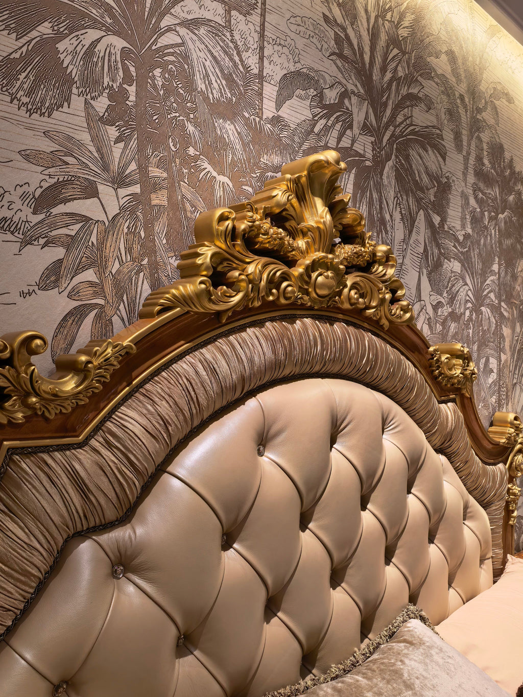 Adeline French Imperial bed carved footboard detail - GrandLiving Luxe