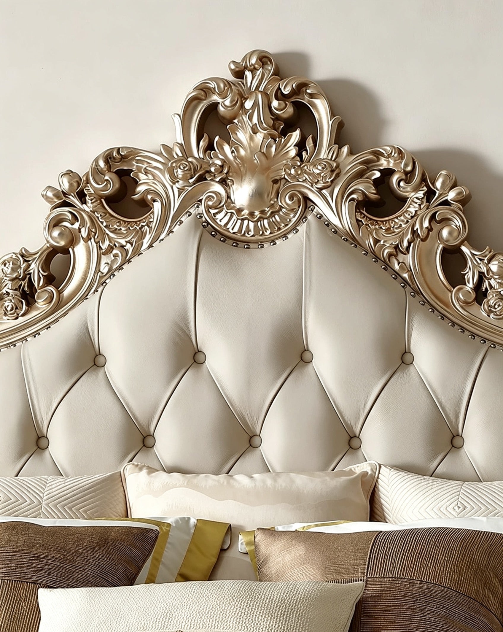 Ornate French Provincial style luxury tufted bed in gold bedroom - GrandLiving Luxe 4
