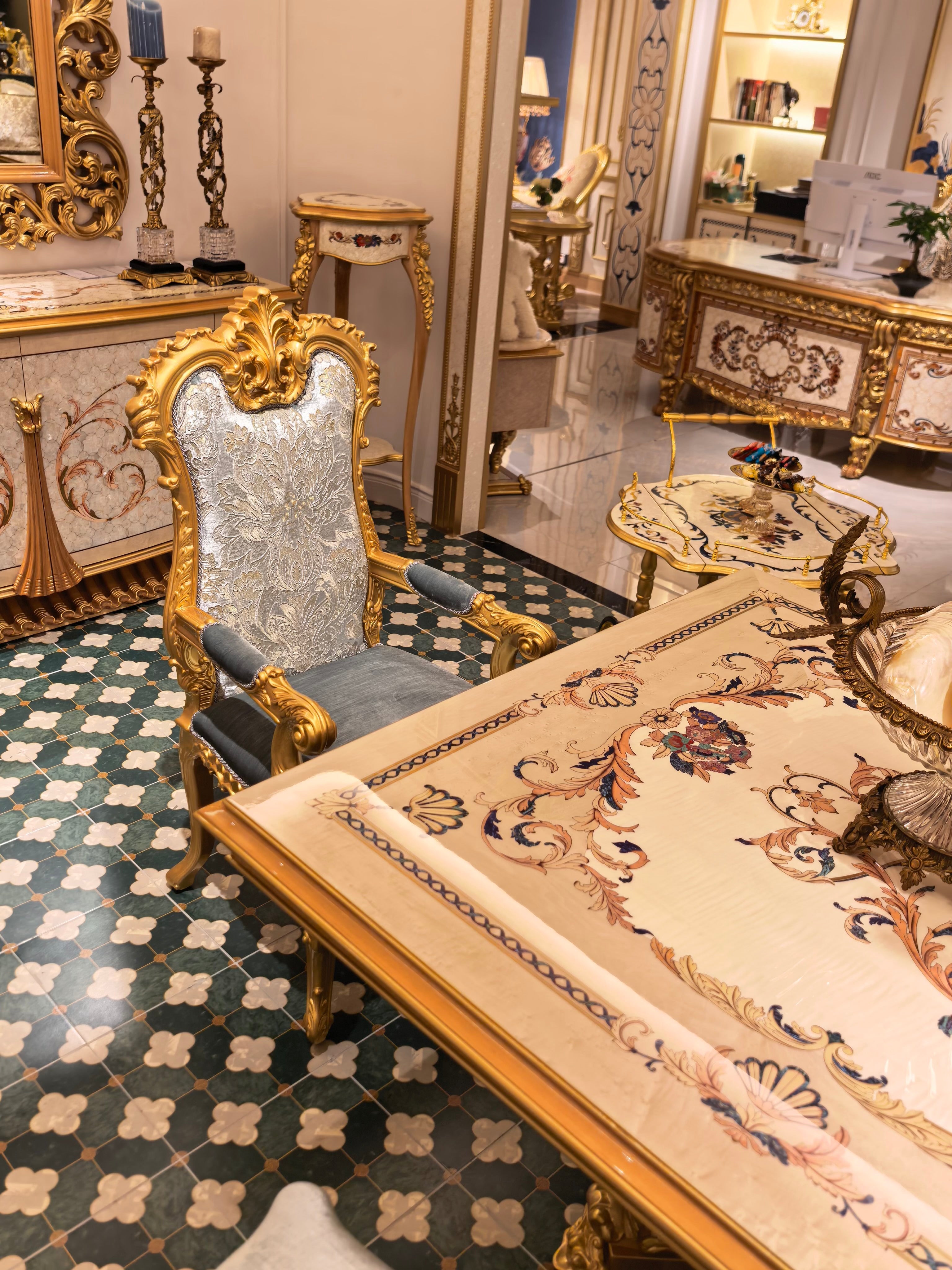 Clarisse French Imperial dining table shell inlay tabletop detail - GrandLiving Luxe