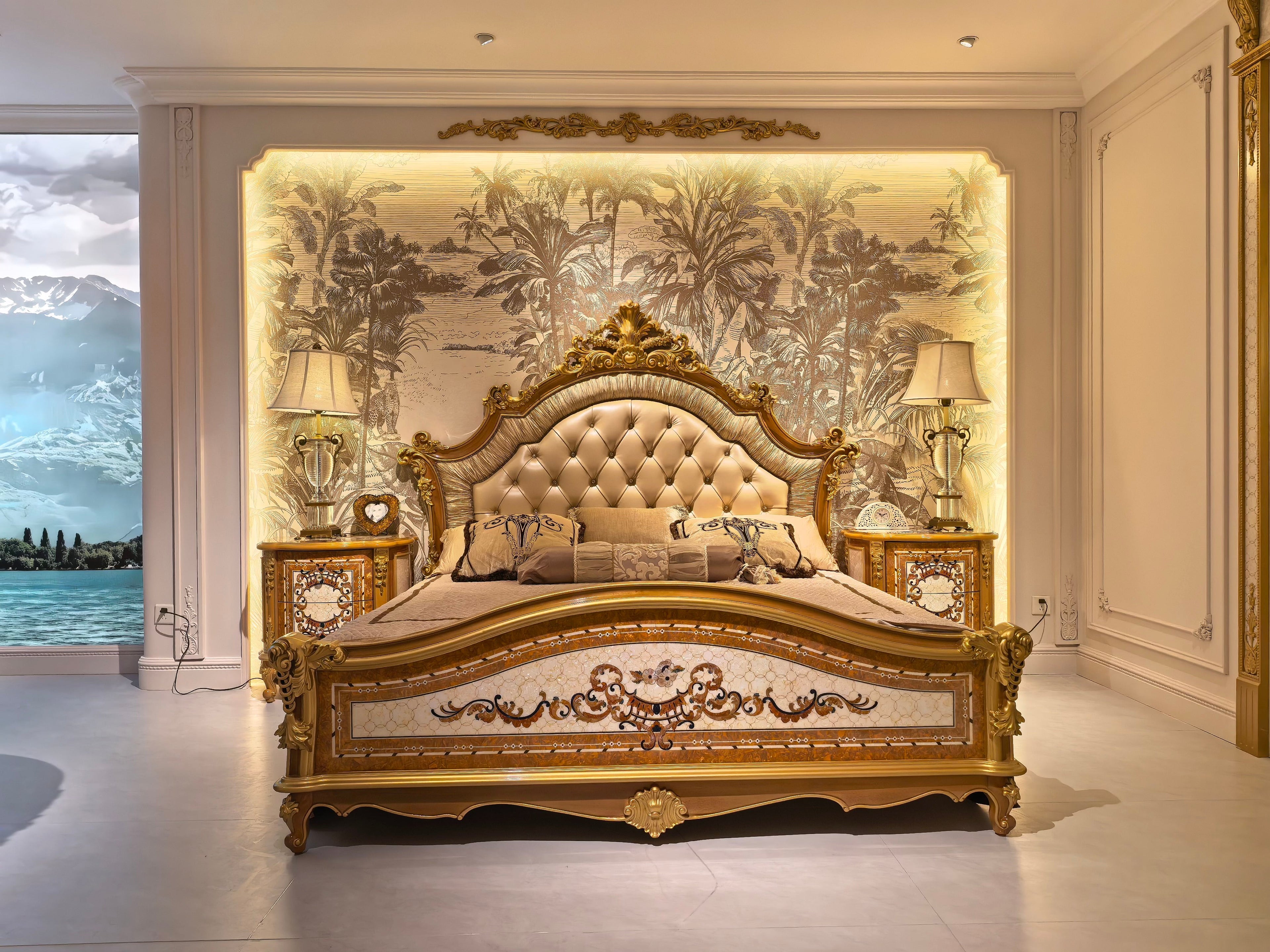 Colette French Imperial bedside table gold gilt detail with matching bed - GrandLiving Luxe