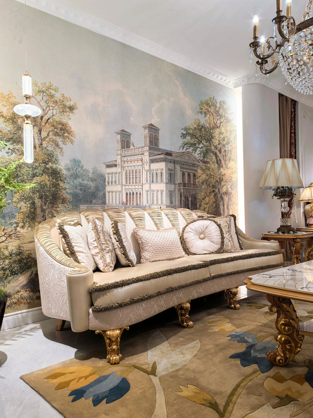 Charlotte French Imperial sofa carved trim detail - GrandLiving Luxe