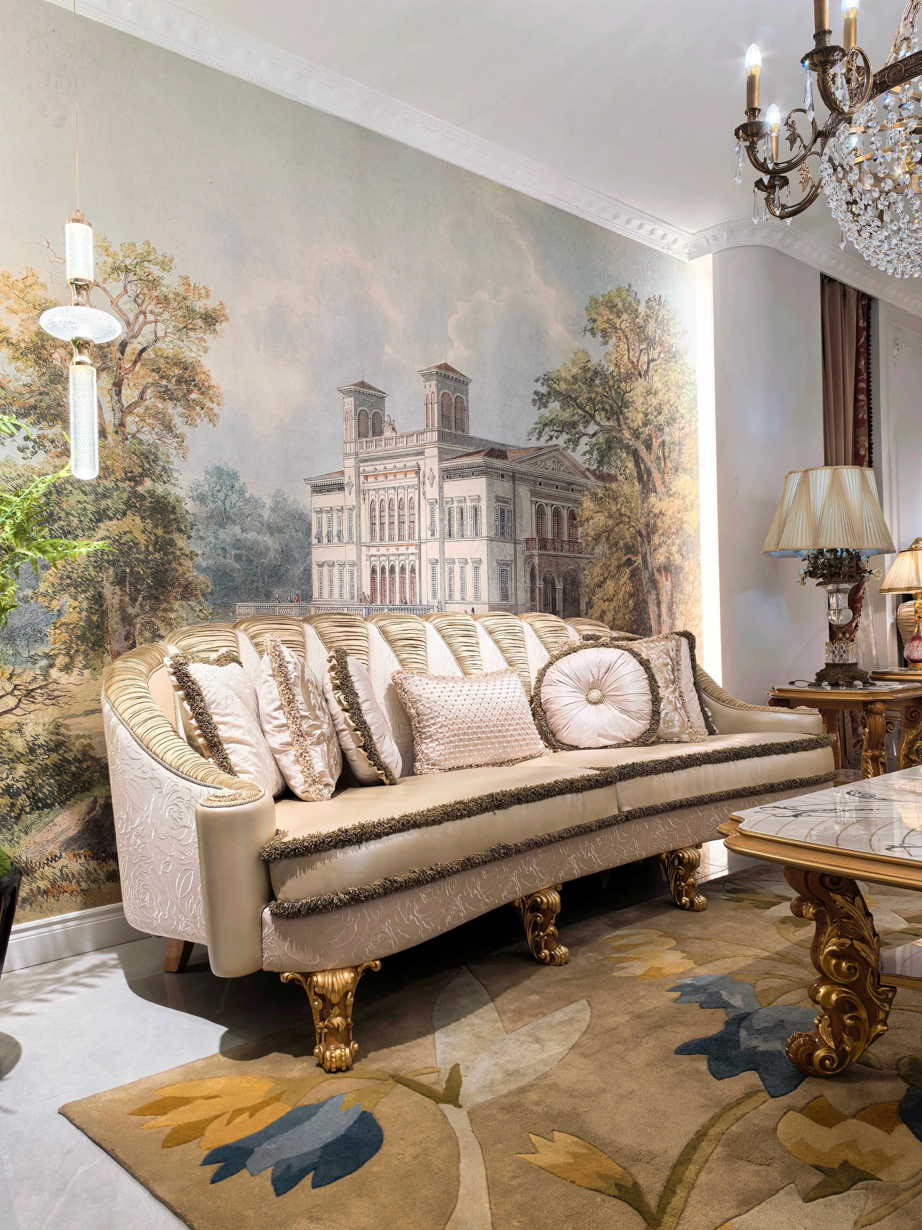 Charlotte French Imperial sofa carved trim detail - GrandLiving Luxe