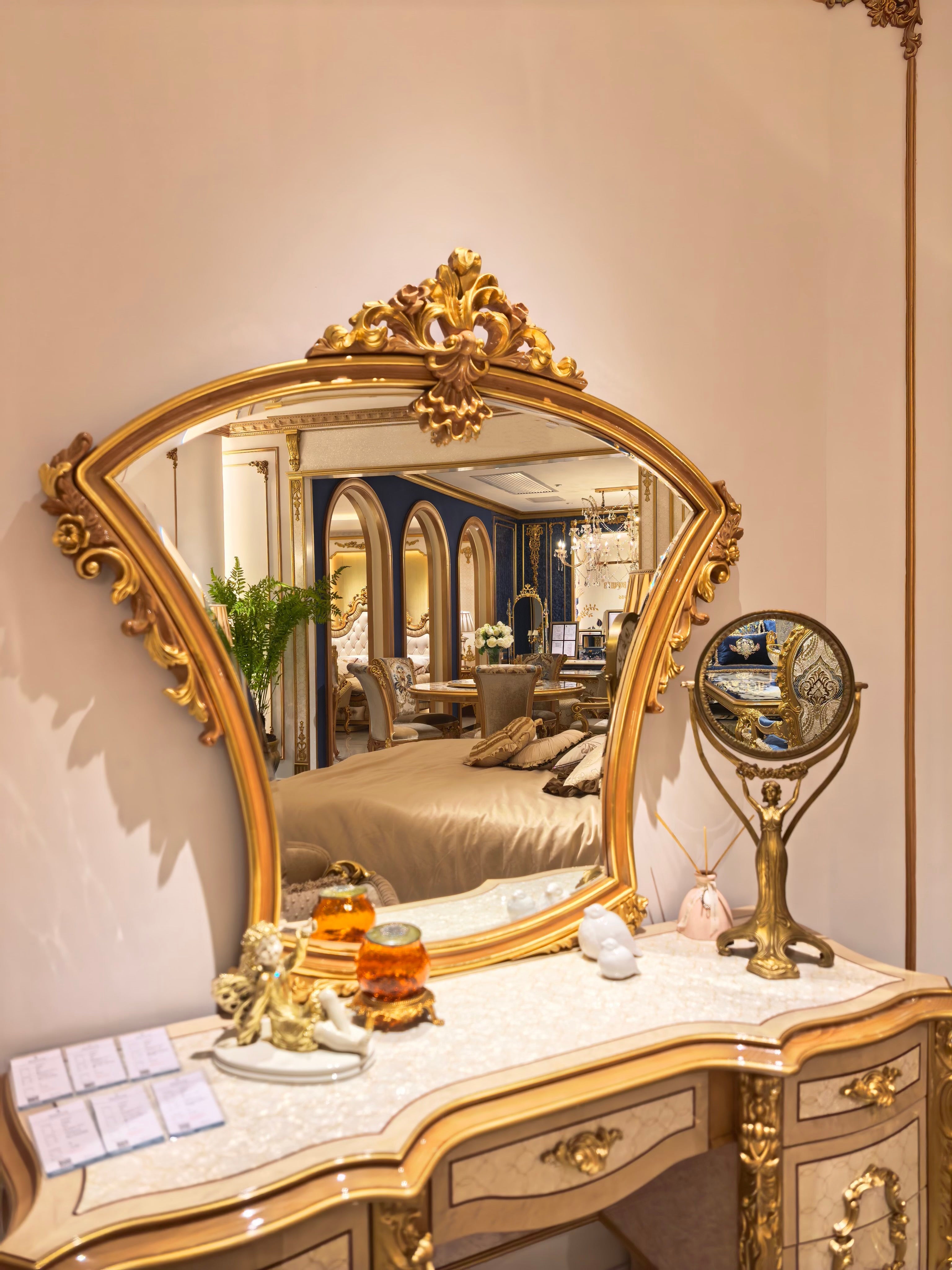 Seraphine French Imperial dressing table hand-carved gold gilt detail - GrandLiving Luxe