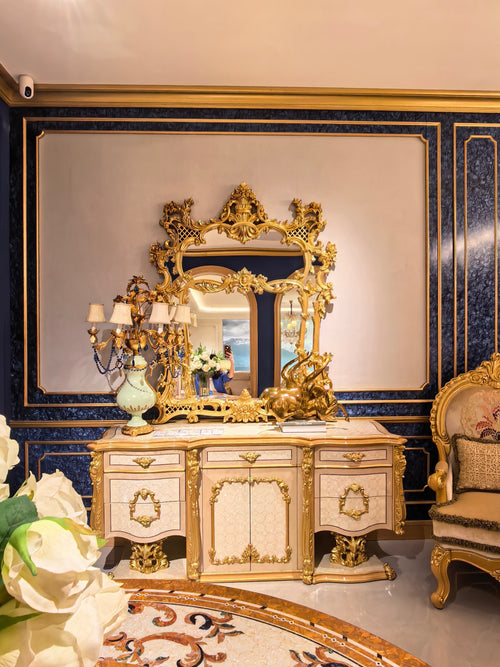 Madeleine French Imperial buffet console sideboard, hand-carved European beechwood with traditional gold gilt finish - GrandLiving Luxe