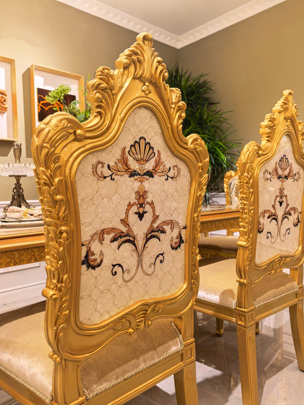 Perrine French Imperial dining chair with matching dining table detail - GrandLiving Luxe