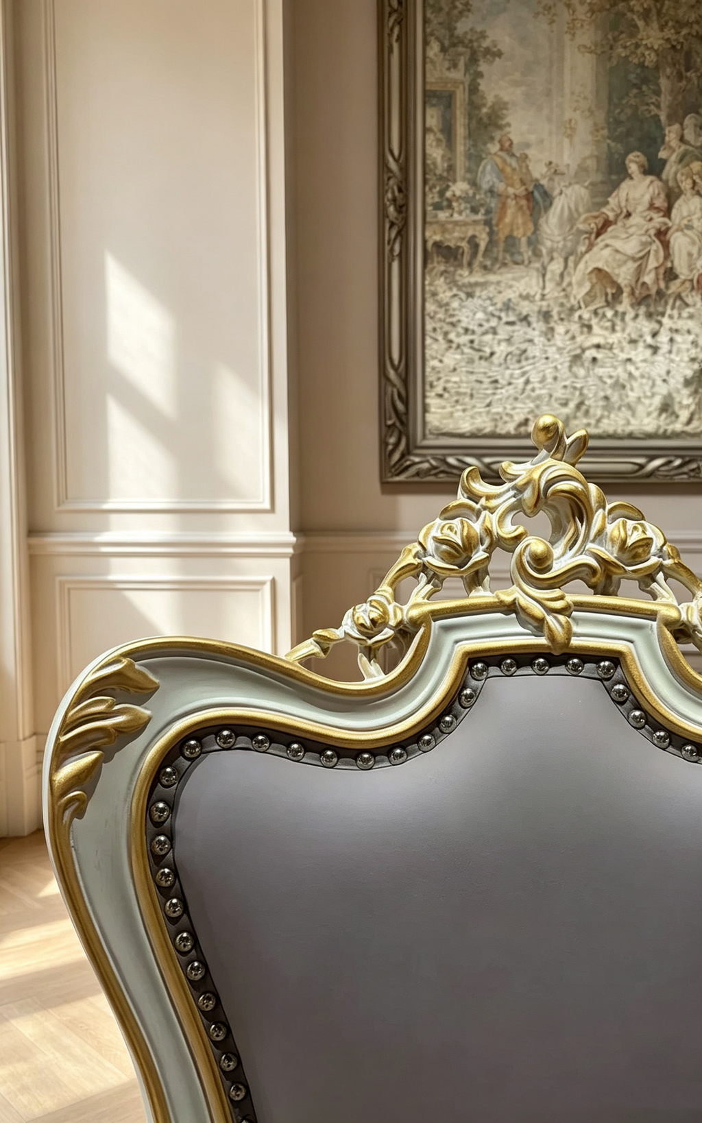French Provincial Dining Chair with imported genuine leather and hand-carved gold leaf details | GrandLiving Luxe 3