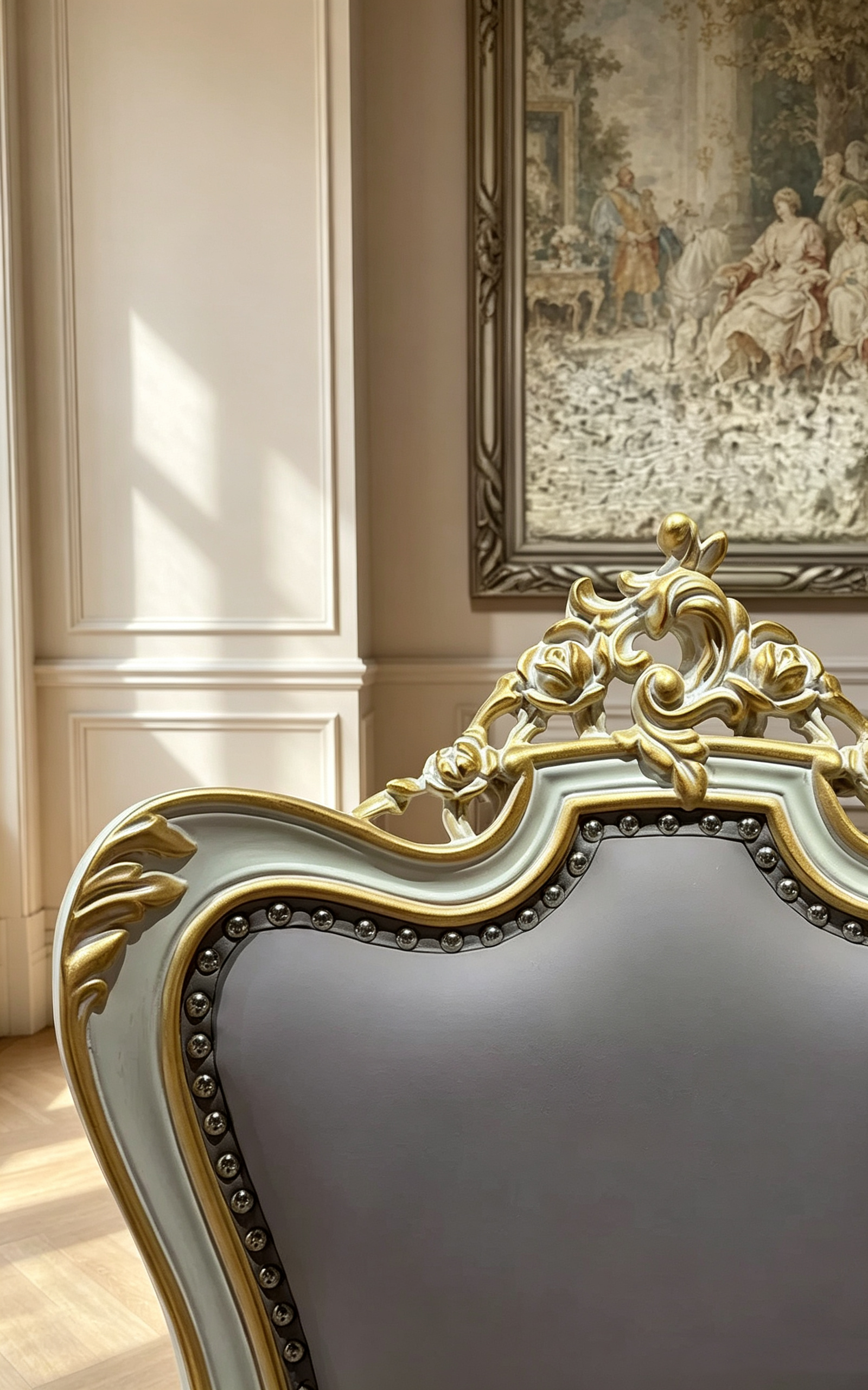 French Provincial Dining Chair with imported genuine leather and hand-carved gold leaf details | GrandLiving Luxe 3
