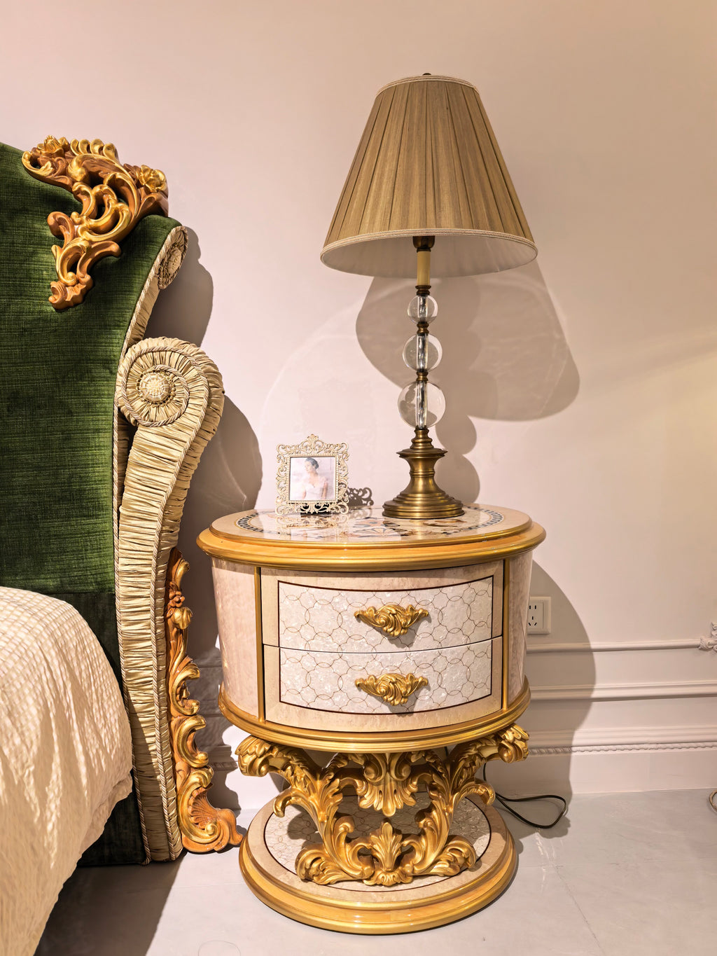 Luxury French imperial bed in primary bedroom setting by GrandLiving Luxe