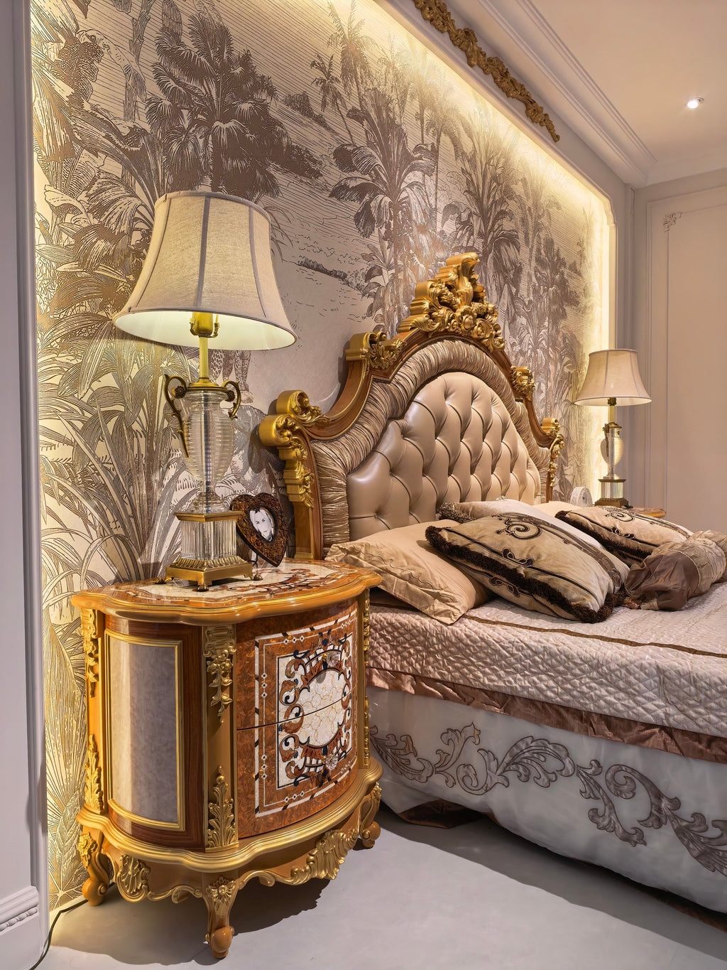 Colette French Imperial bedside table styled with matching Imperial gold gilt bed - GrandLiving Luxe