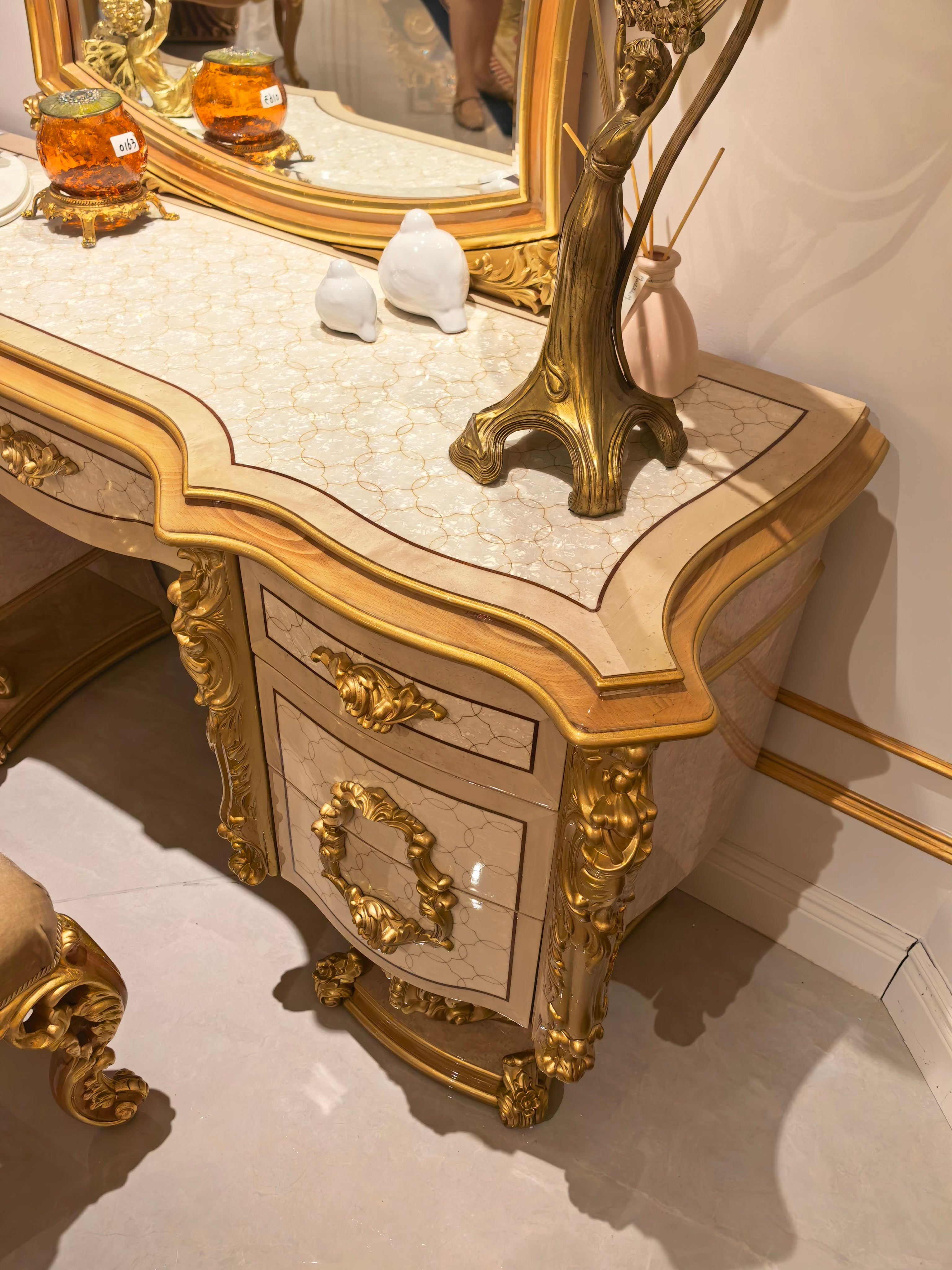 Seraphine French Imperial dressing table gold gilt finish close-up - GrandLiving Luxe