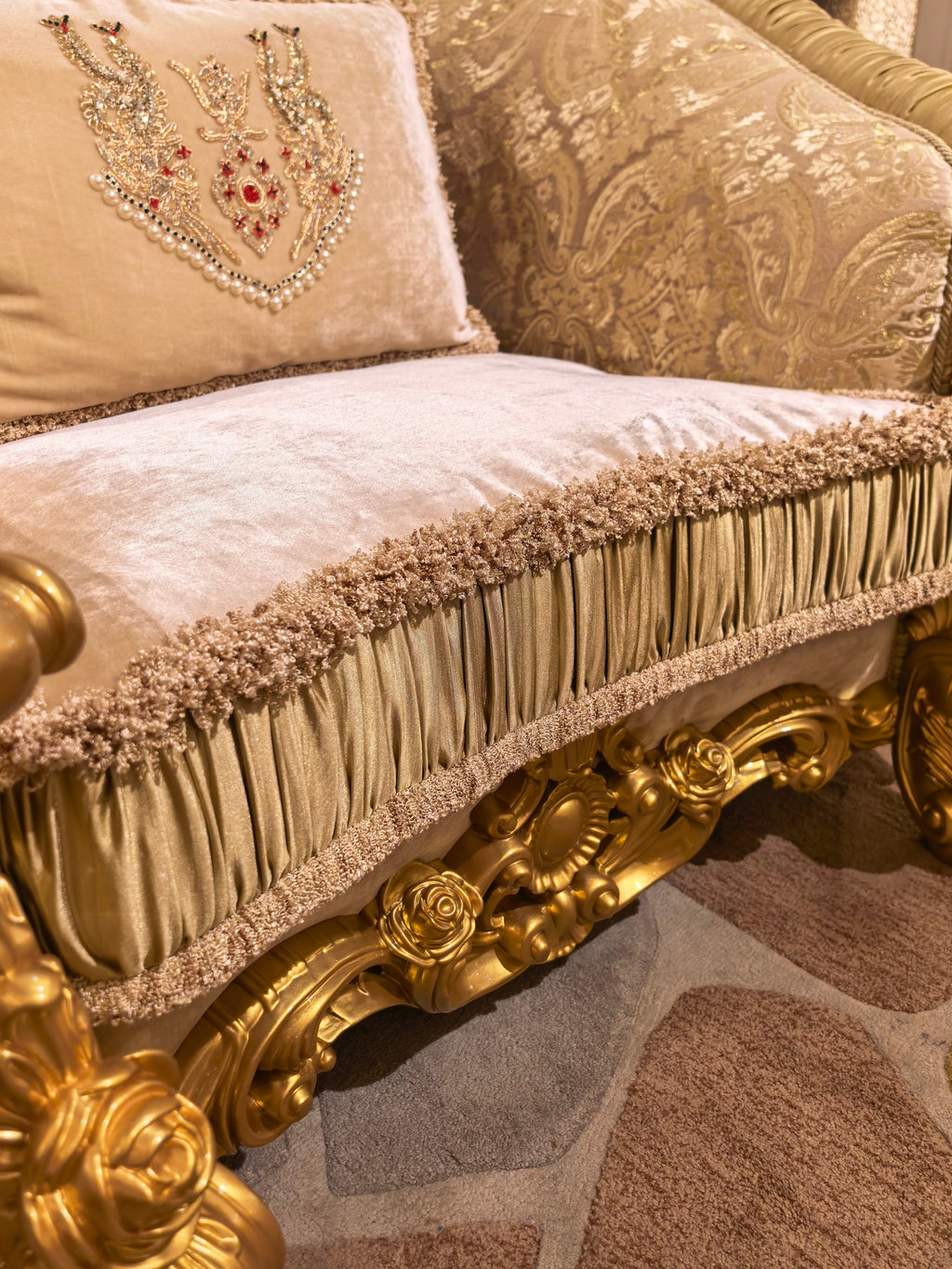 Beatrice French Imperial sofa carved backrest detail - GrandLiving Luxe