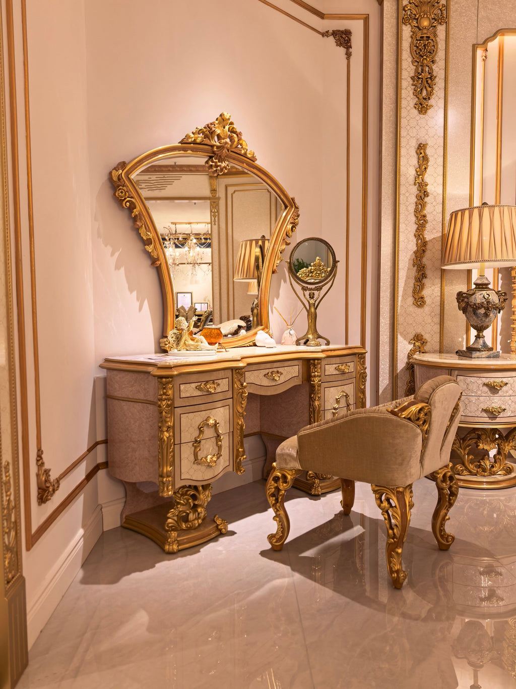 Seraphine French Imperial dressing table and stool set, hand-carved European beechwood with traditional gold gilt finish - GrandLiving Luxe