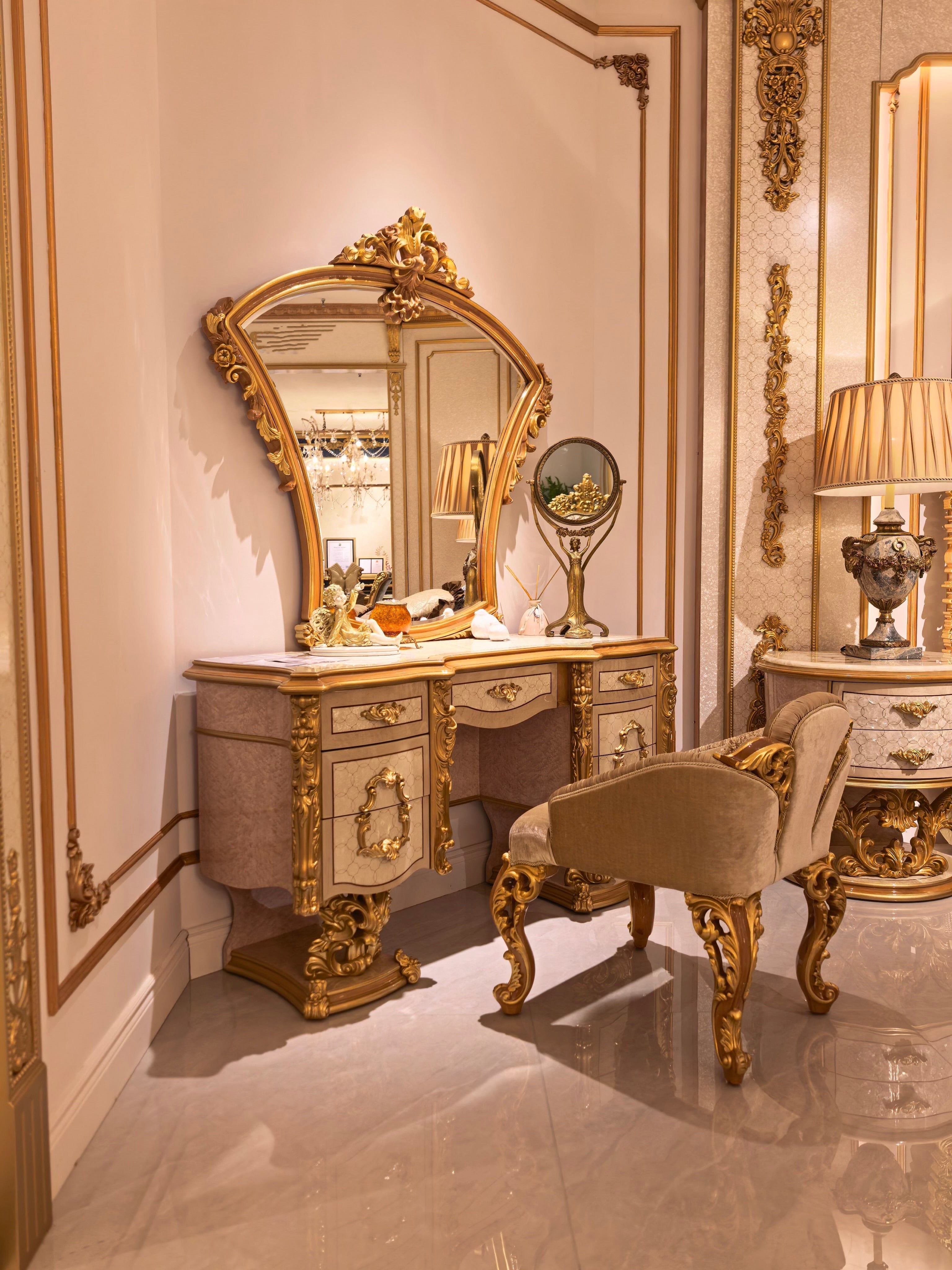 Seraphine French Imperial dressing table and stool set, hand-carved European beechwood with traditional gold gilt finish - GrandLiving Luxe