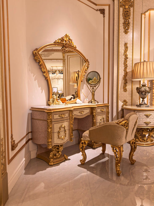 Seraphine French Imperial dressing table and stool set, hand-carved European beechwood with traditional gold gilt finish - GrandLiving Luxe