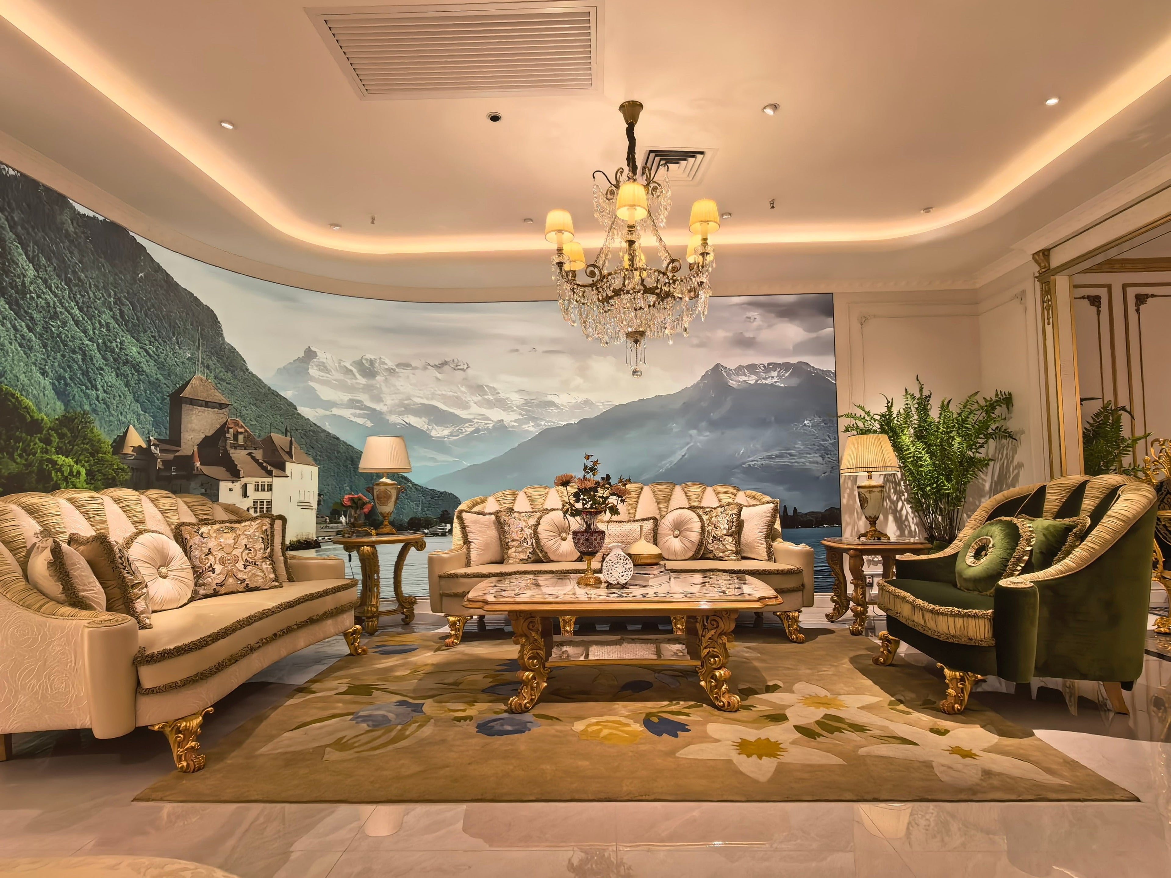 Charlotte French Imperial sofa, hand-carved European beechwood with traditional gold gilt finish - GrandLiving Luxe