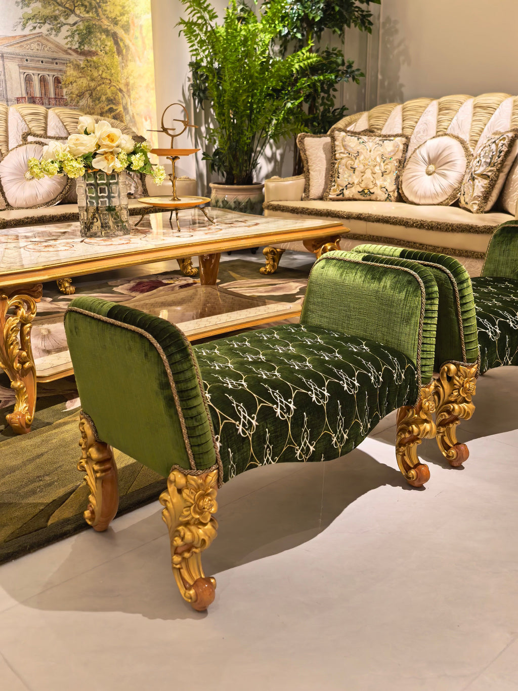 Lucienne French Imperial stool, hand-carved European beechwood with traditional gold gilt finish - GrandLiving Luxe